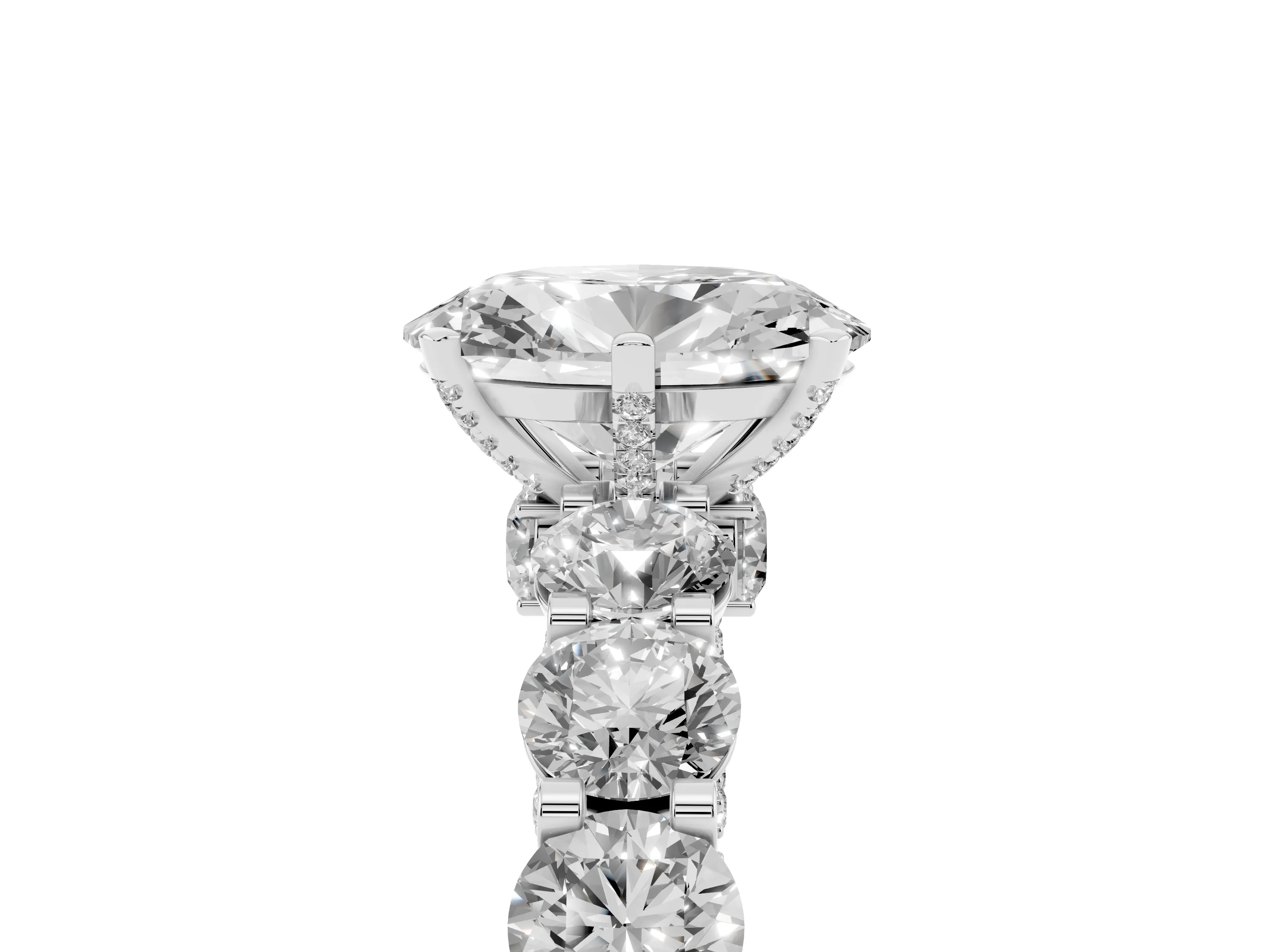 Oval Cut Diamond Side Stone Ring Set in White gold with Alternating Round and Oval Side Stones