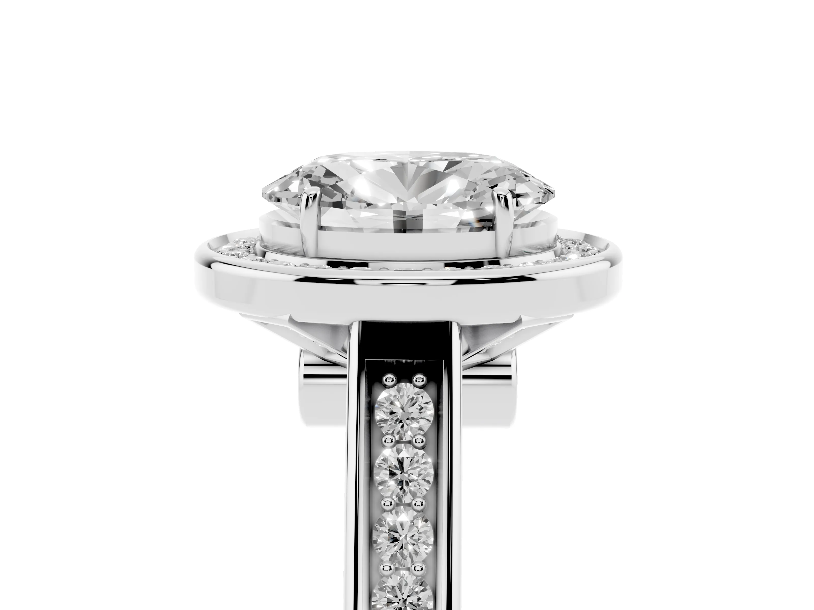 Oval Cut Diamond Halo Solitaire Ring Set in Platinum with Pavé Band and Bezel Setting