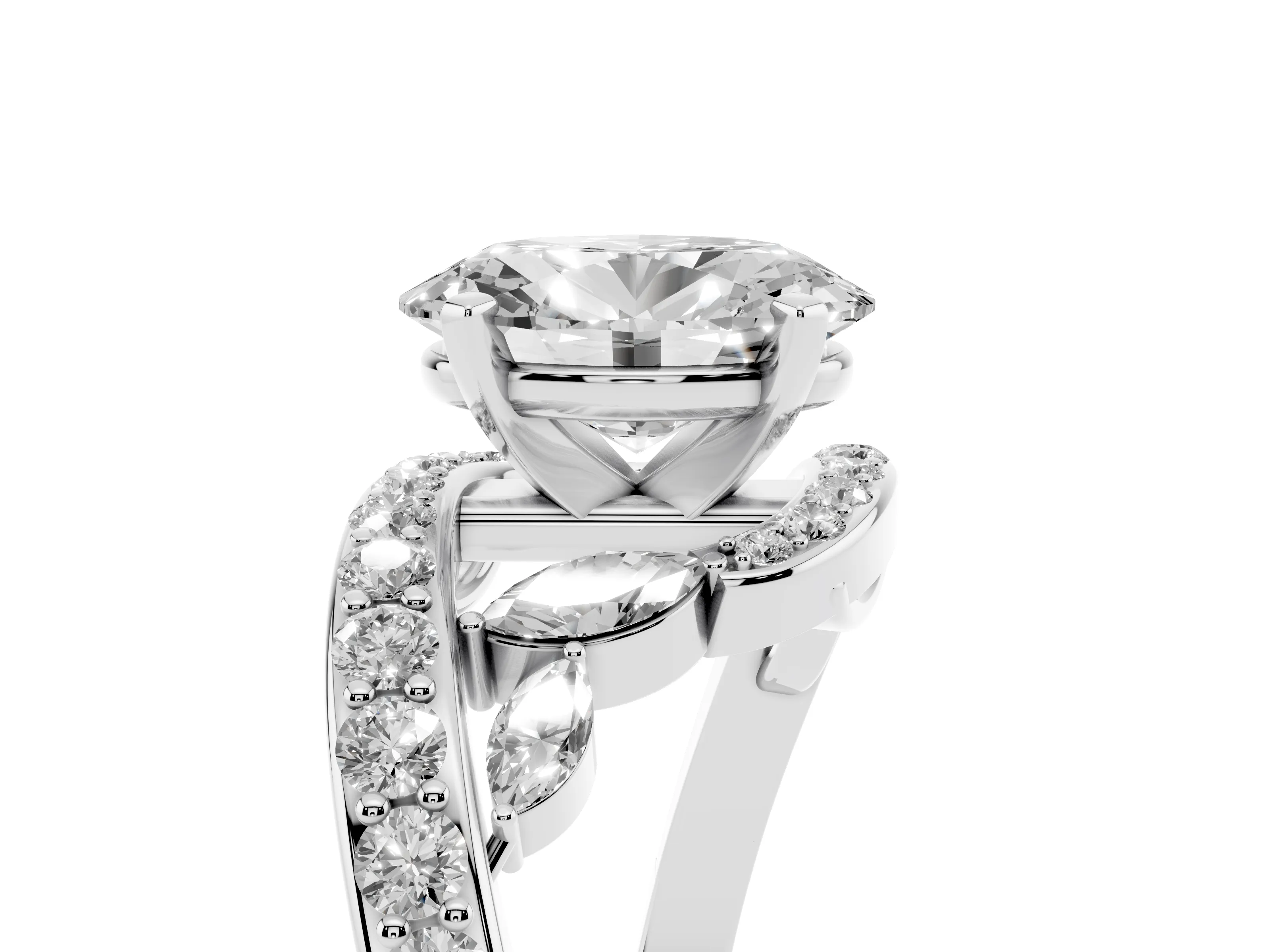 Oval Cut Diamond Solitaire Ring Set in White gold with Pavé Twist Band and Secure Prong Setting