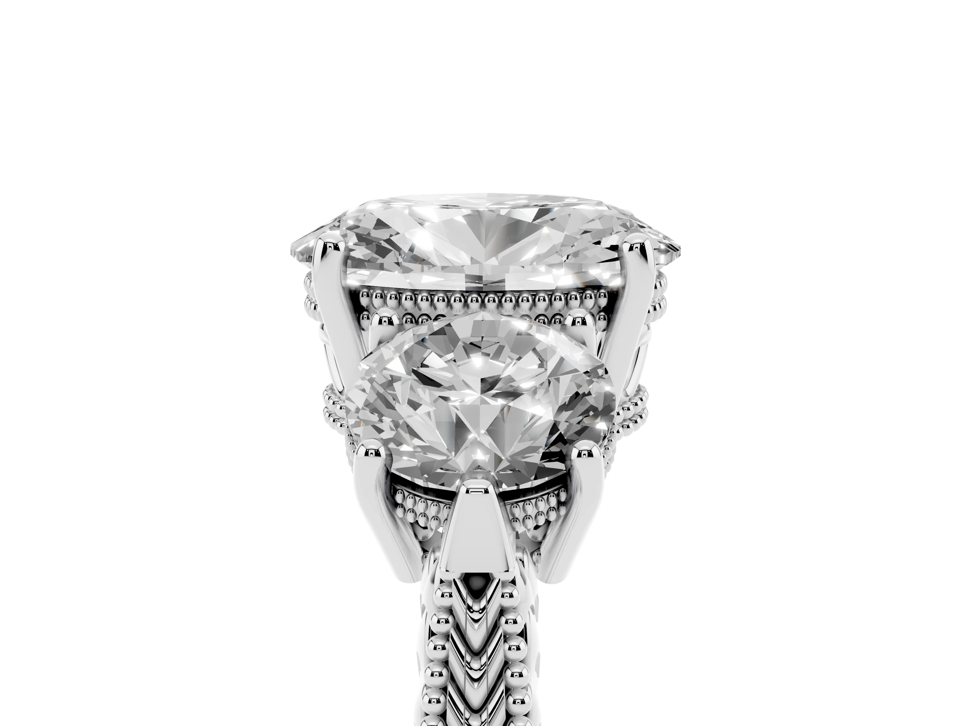 Oval Cut Diamond Three-Stone Ring Set in Platinum with Milgrain Band