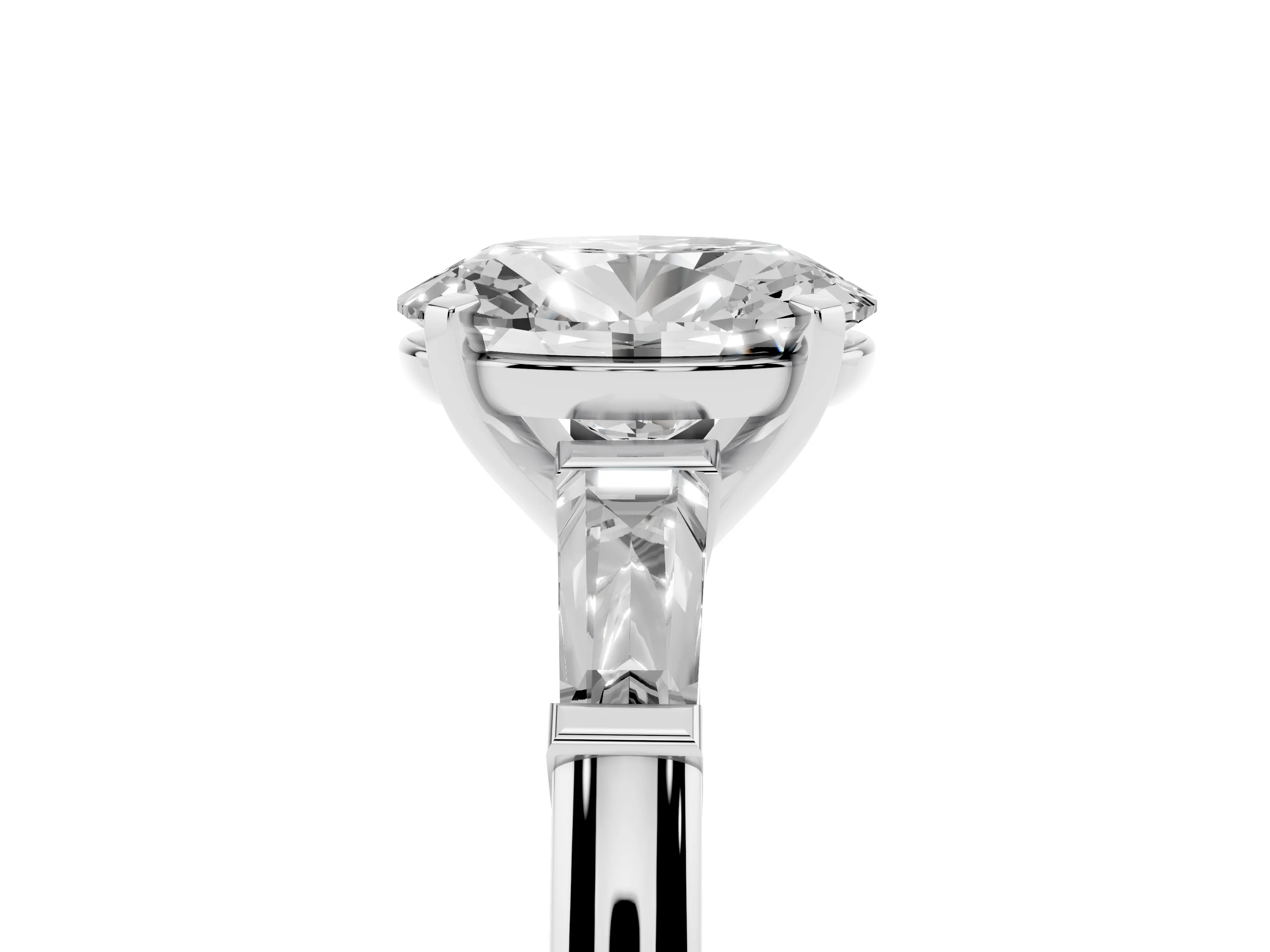 Oval Cut Diamond Solitaire Ring Set in Platinum with Tapered Baguette Side Stones and Prong Setting