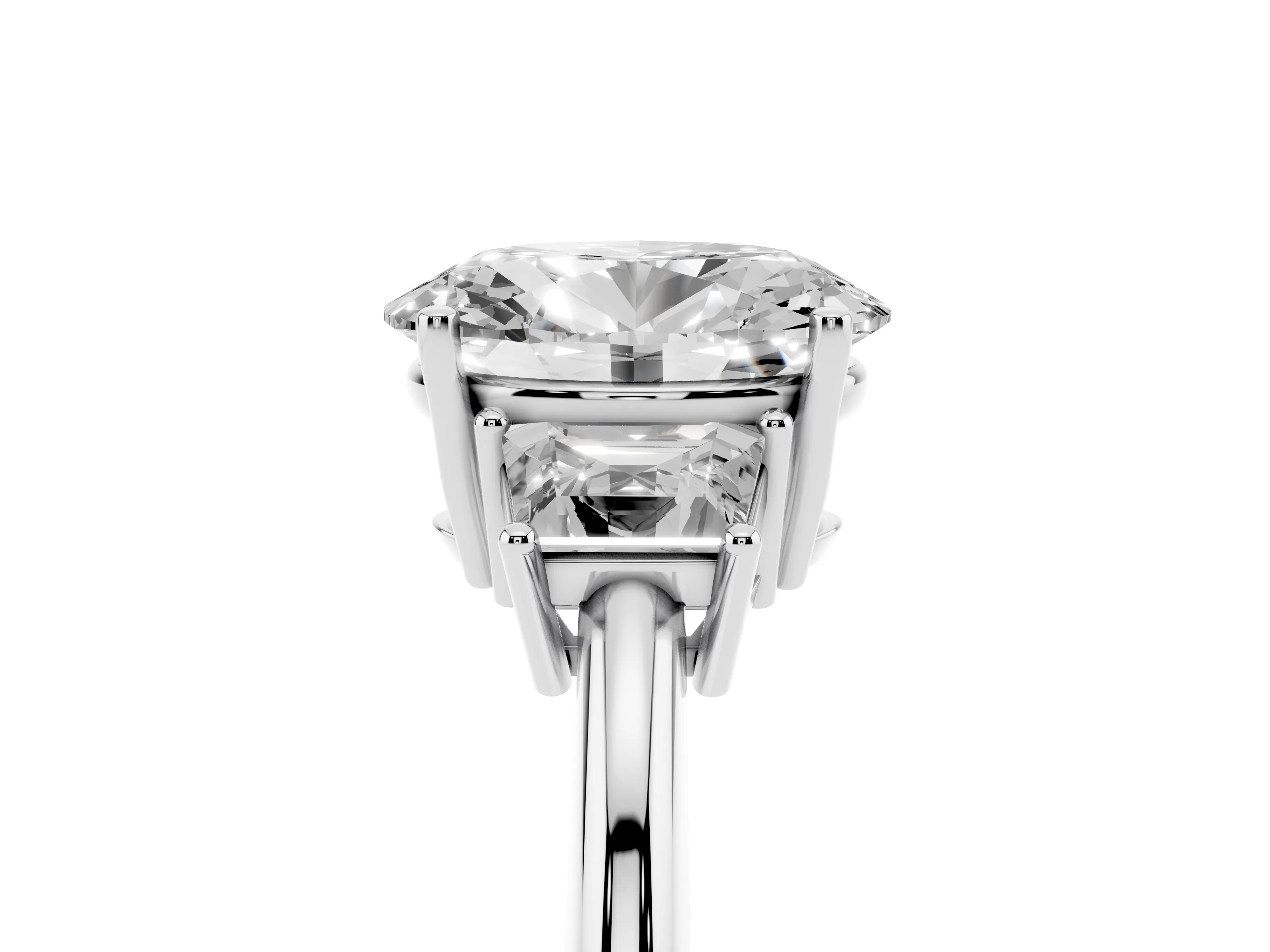 Oval Cut Diamond Three-Stone Ring Set in White gold with Trapezoid Side Stones and Prong Setting