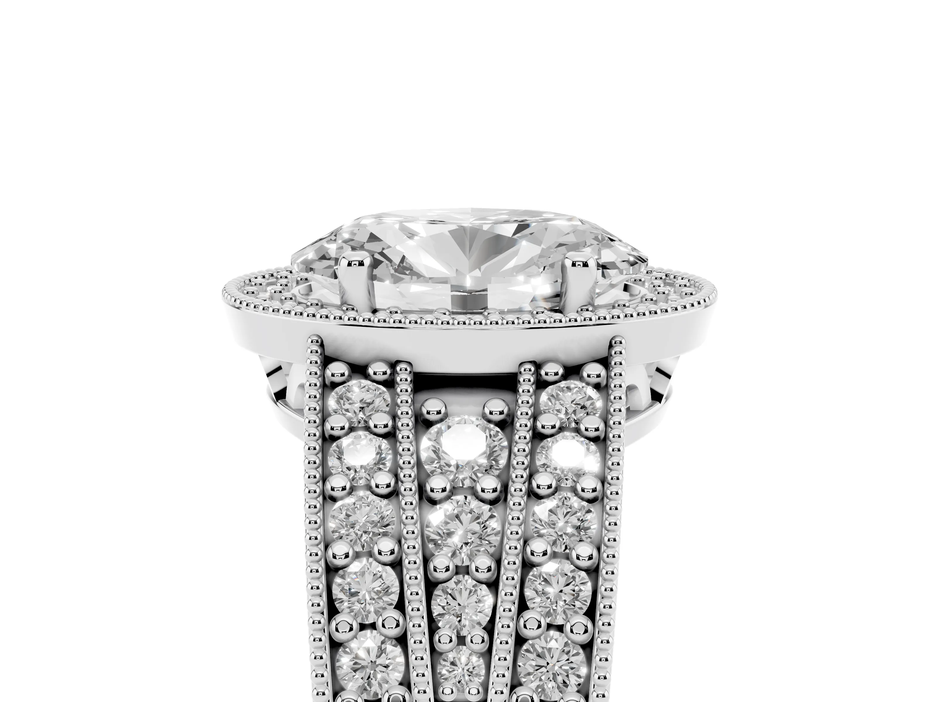 Oval Cut Diamond Halo Ring Set in Platinum with Accent Split Shank and Prong Setting