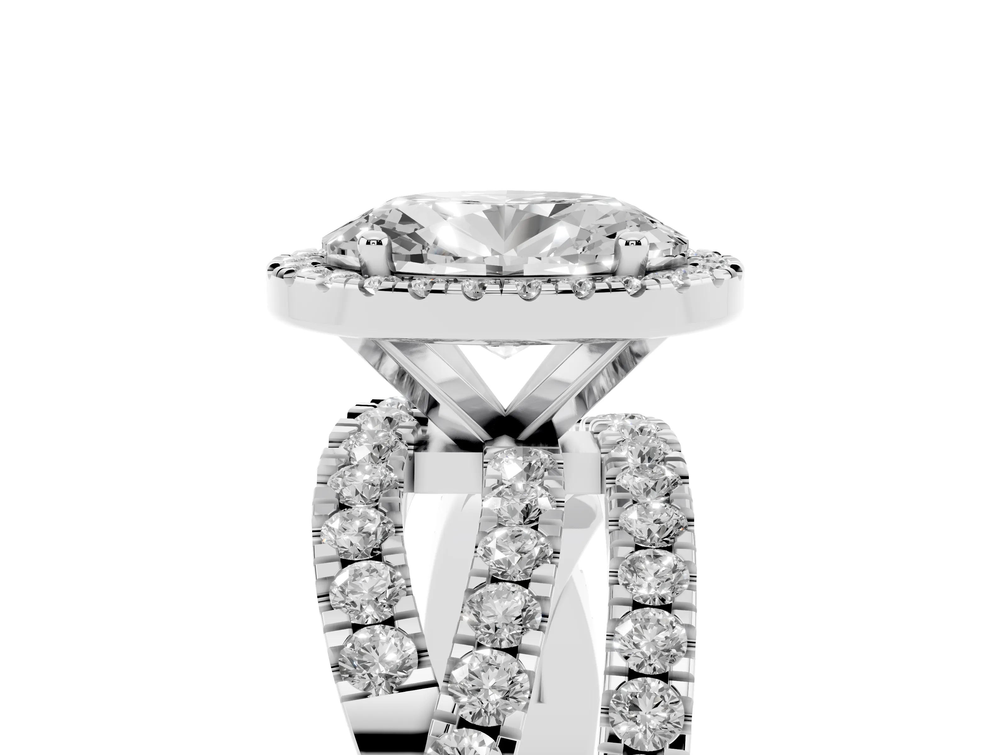 Oval Cut Diamond Halo Ring Set in Platinum with Round Crossover Split Shank and Prong Setting