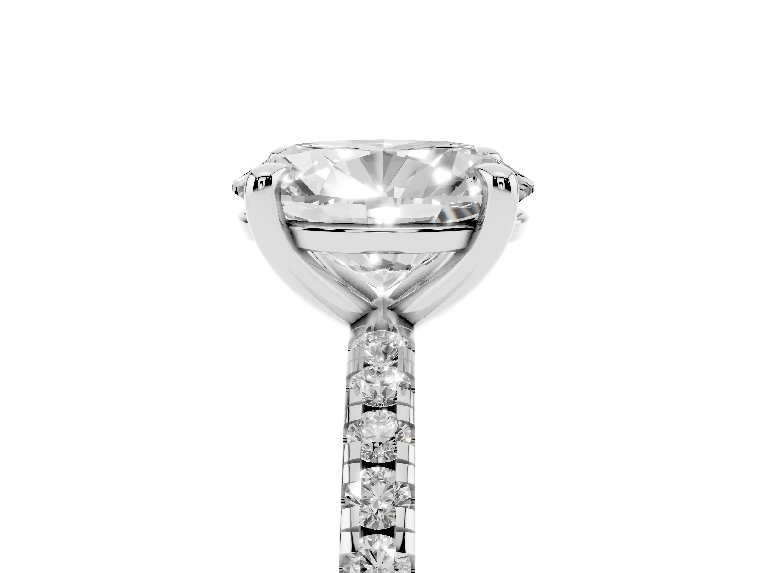 Oval Cut Diamond Brilliant Solitaire Ring Set in White gold with Pavé Band and Prong Setting