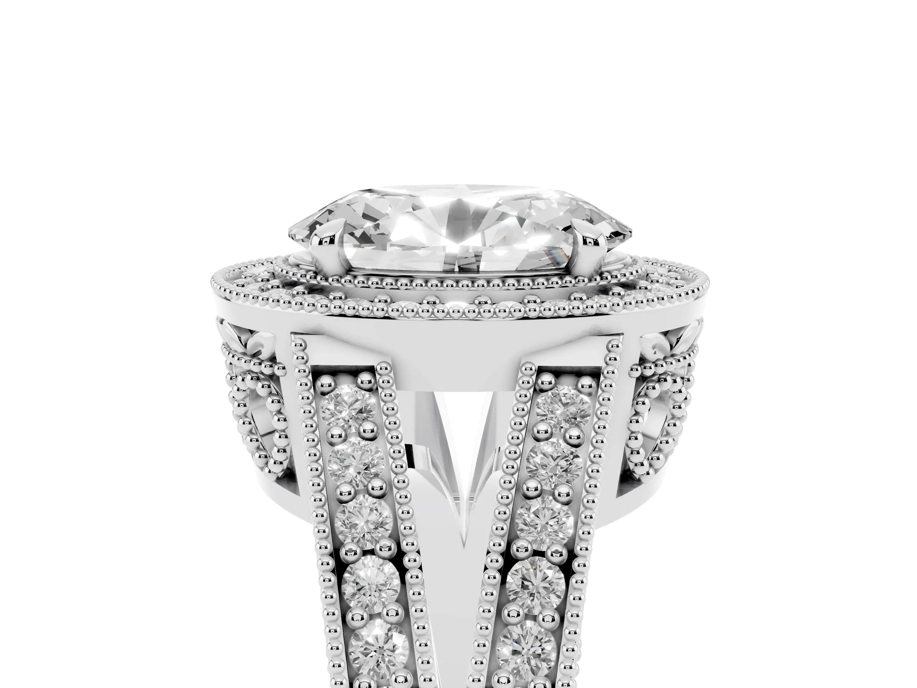 Oval Cut Diamond Halo Ring Set in Platinum with Stone-Set Split Shank and Milgrain Edges
