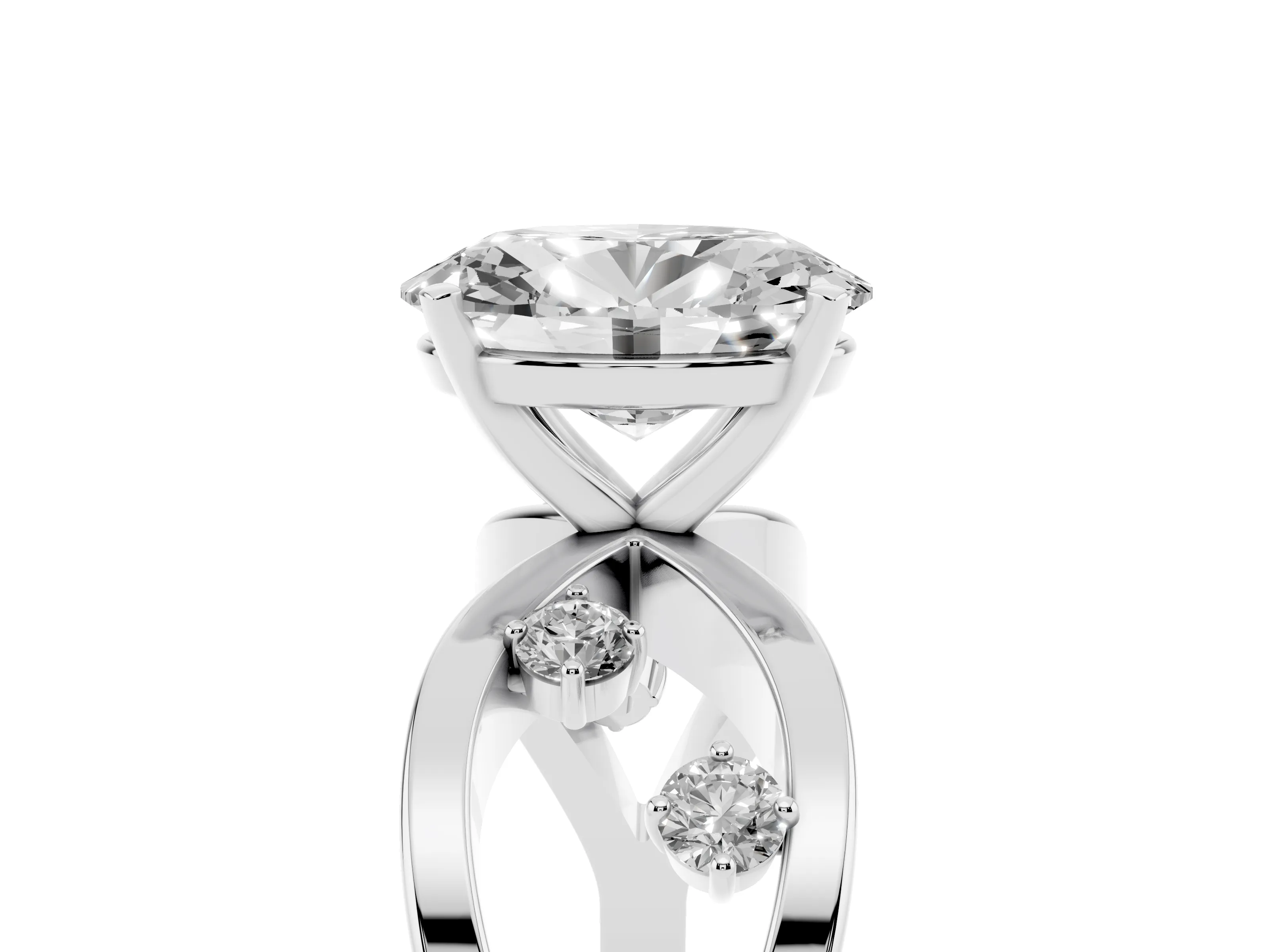 Oval Cut Diamond Solitaire Ring Set in White gold with Side Stones on Criss-Cross Band and Prong Setting