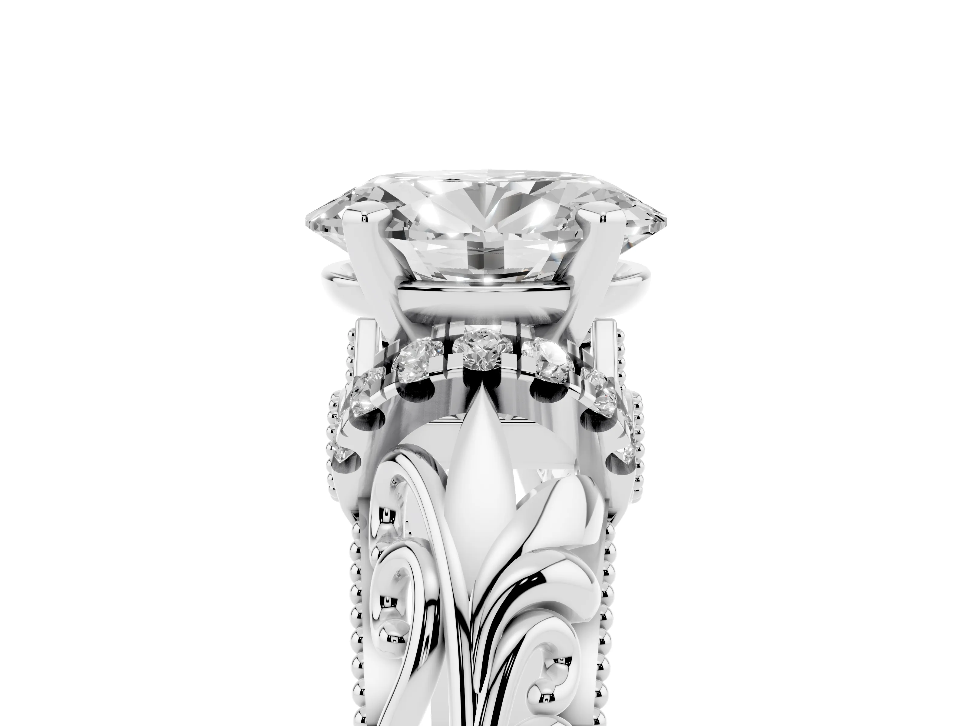 Oval Cut Diamond Filigree Halo Engagement Ring Set in Platinum with Prong Setting