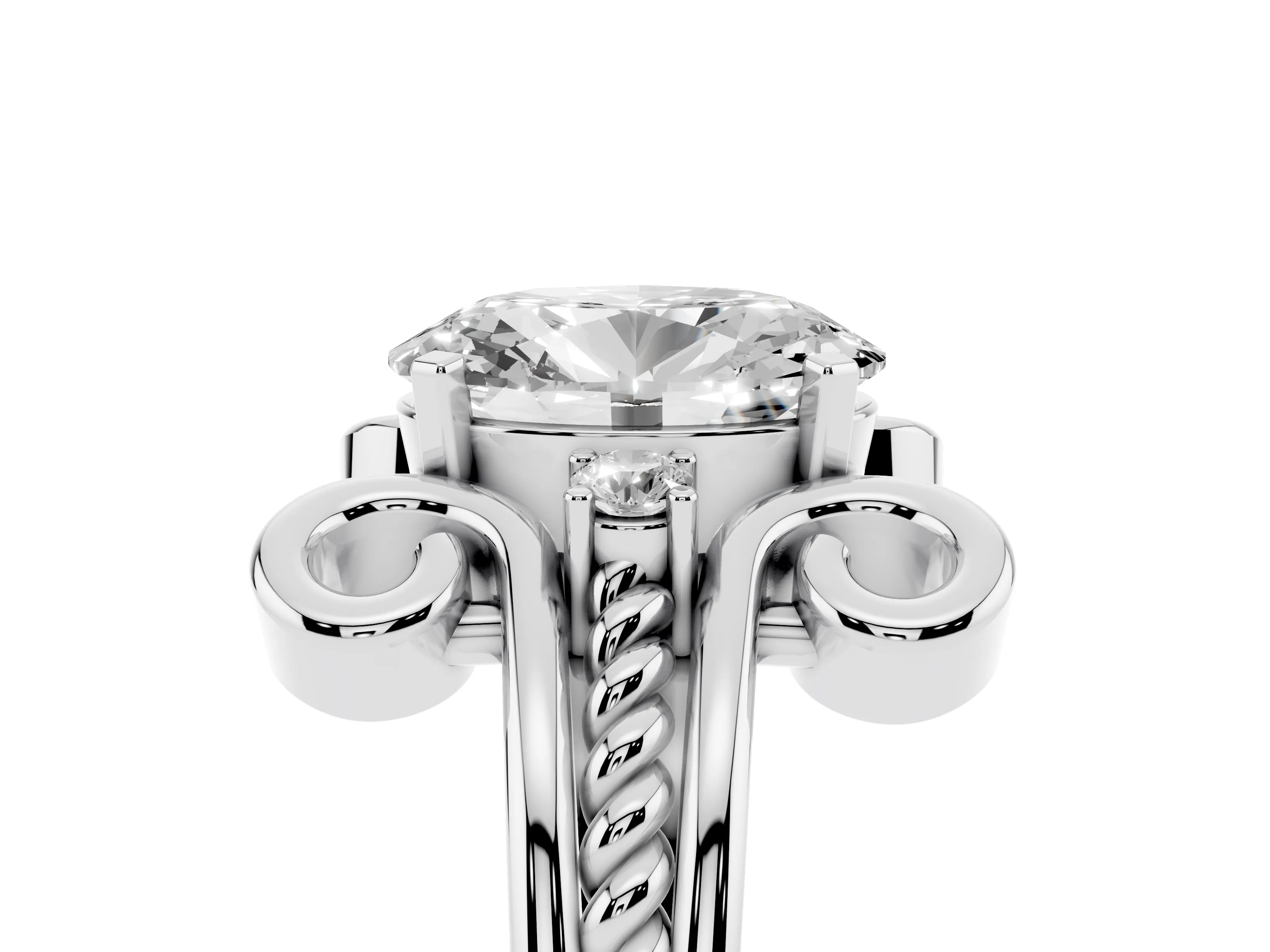 Oval Cut Diamond Twisted Band Solitaire Ring Set in Platinum with Scroll Prongs