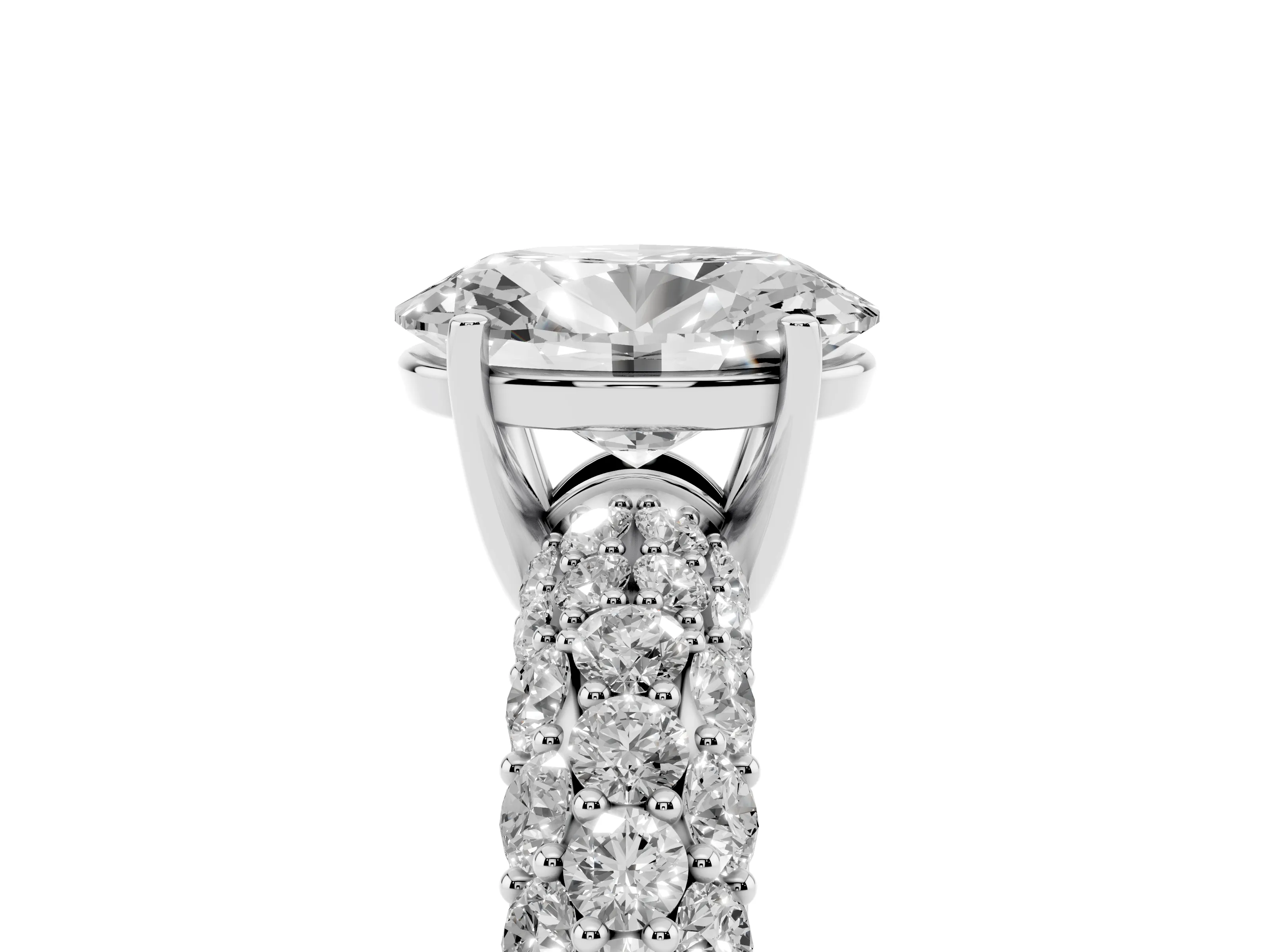 Oval Cut Diamond Pavé Band Solitaire Ring Set in White gold with Close-Set Accent Stones and Prong Setting