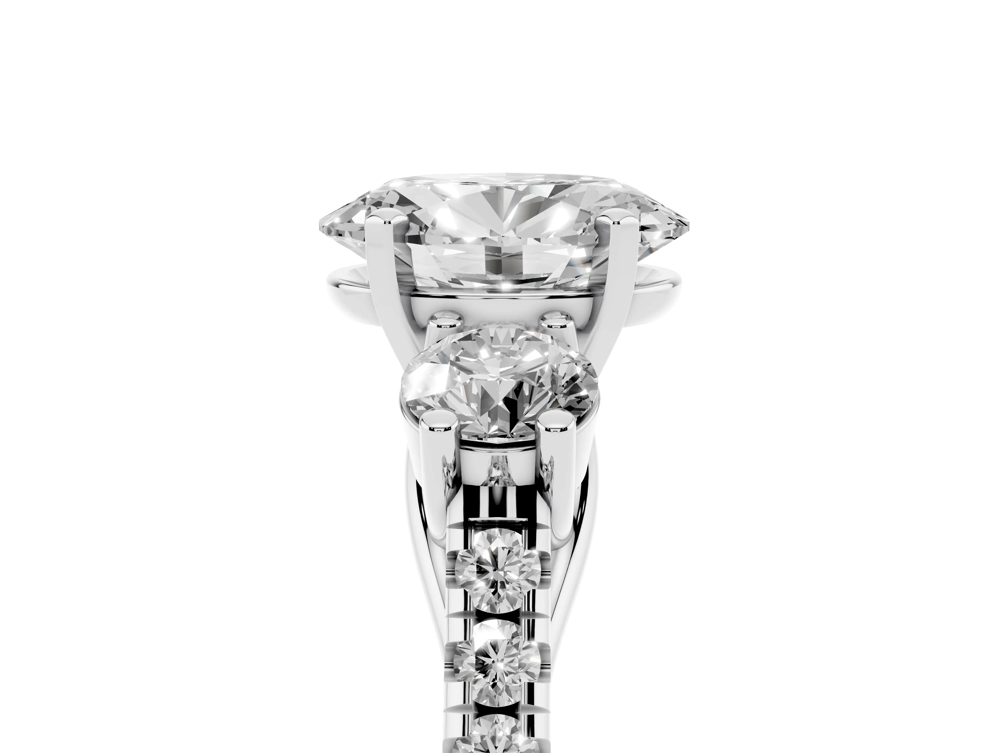 Three-Stone Oval Cut Diamond Pavé Band Ring Set in Silver with Prong-Set Trio