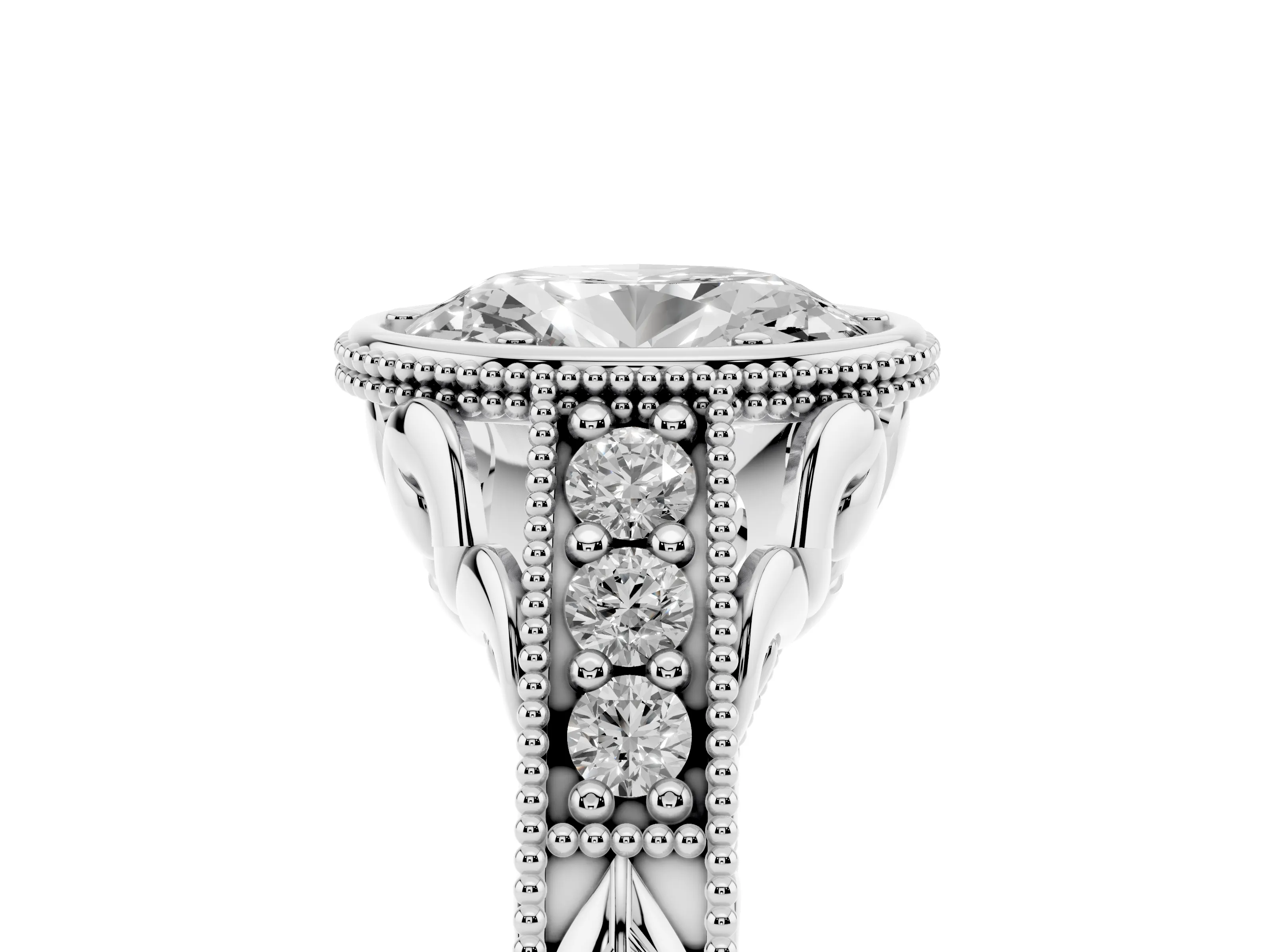 Bezel Set Oval Cut Diamond Milgrain Pavé Engagement Ring Set in Silver