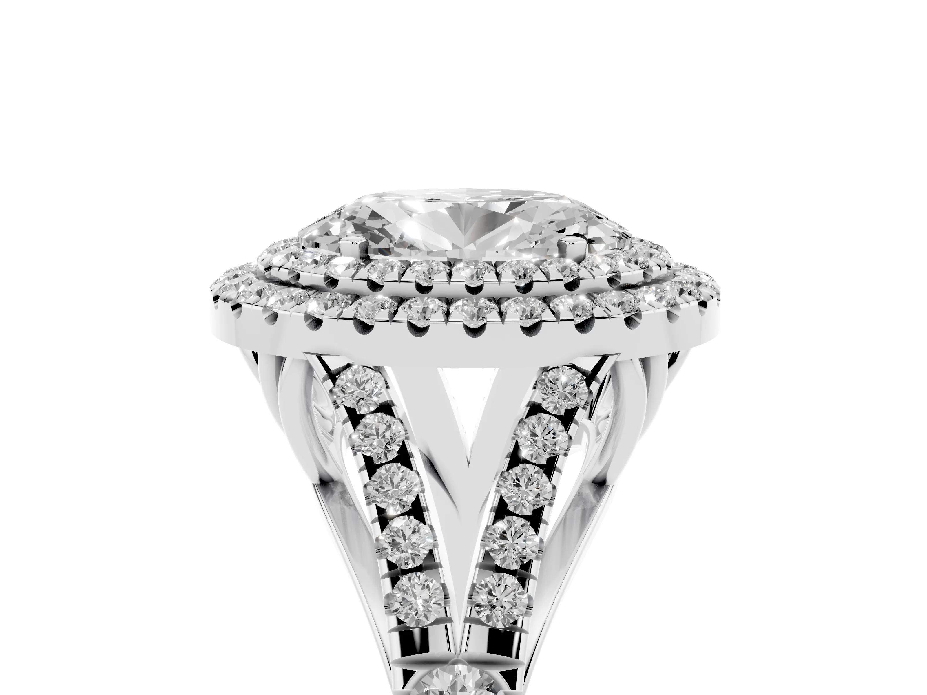 Oval Cut Diamond Pavé Split Shank Double Halo Engagement Ring Set in Silver