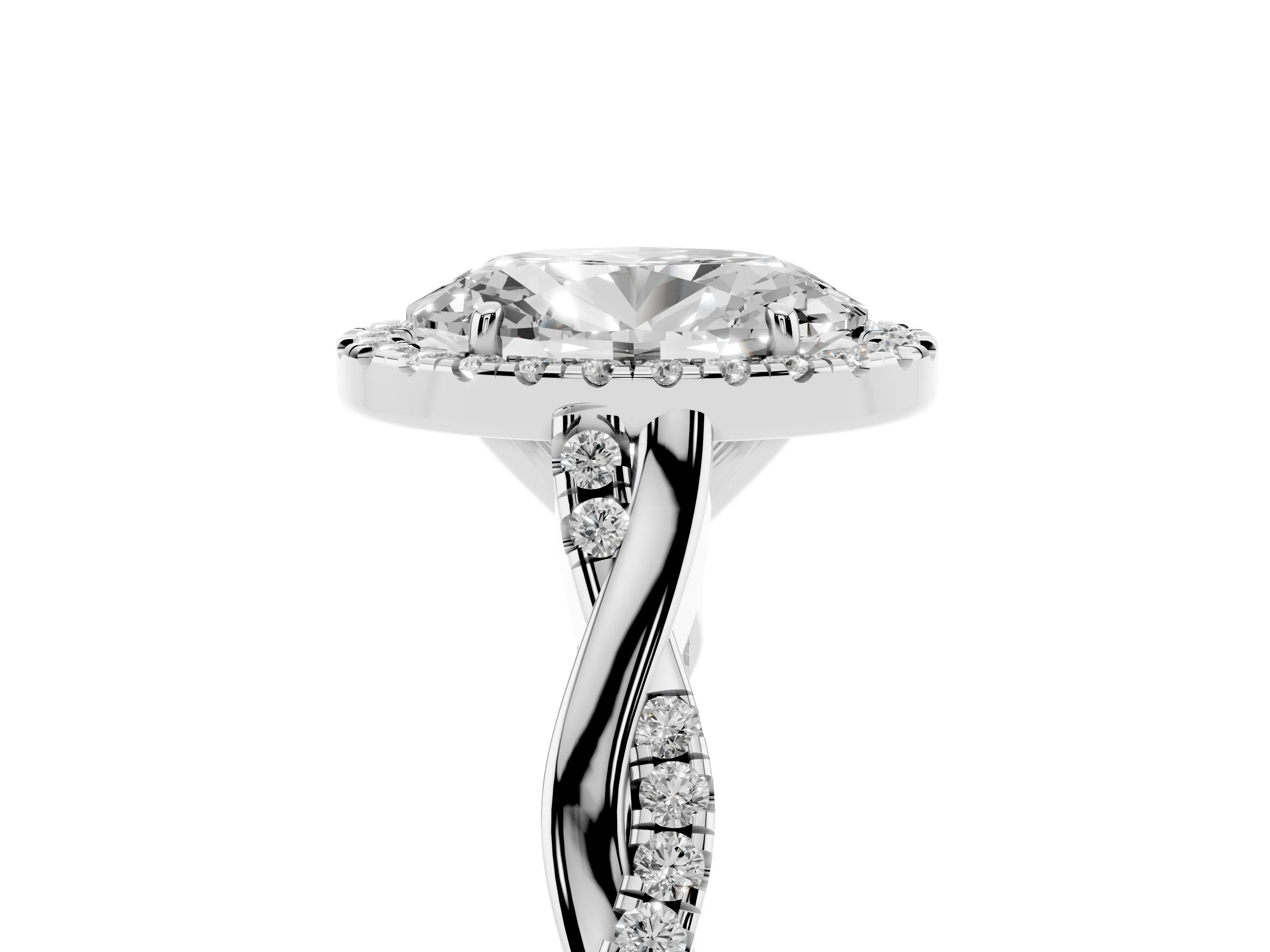 Oval Cut Diamond Halo Twist Band Solitaire Ring Set in White gold with Prong Setting
