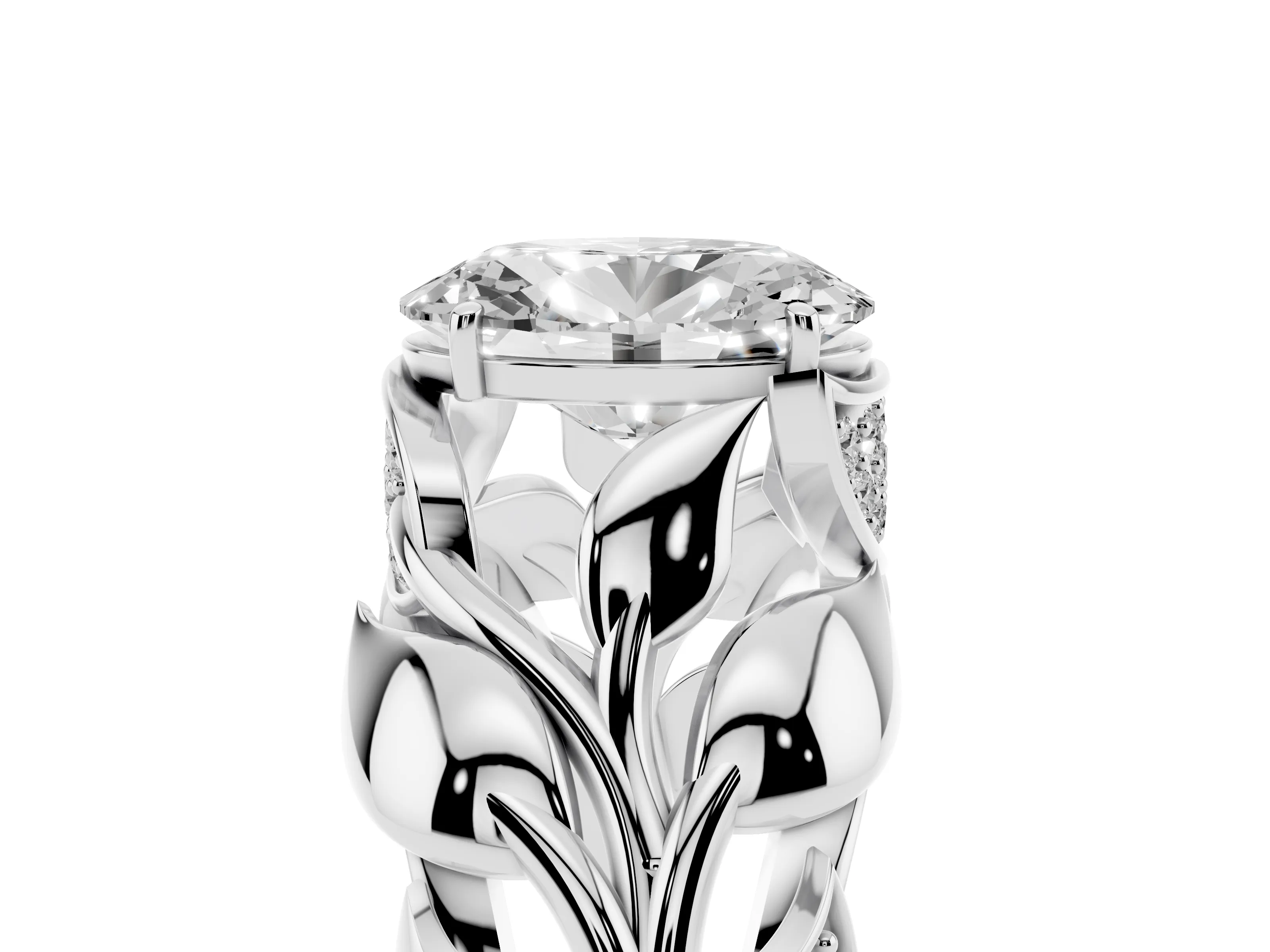 Oval Cut Diamond Leaf-Inspired Engagement Ring Set in White gold with Round Accents