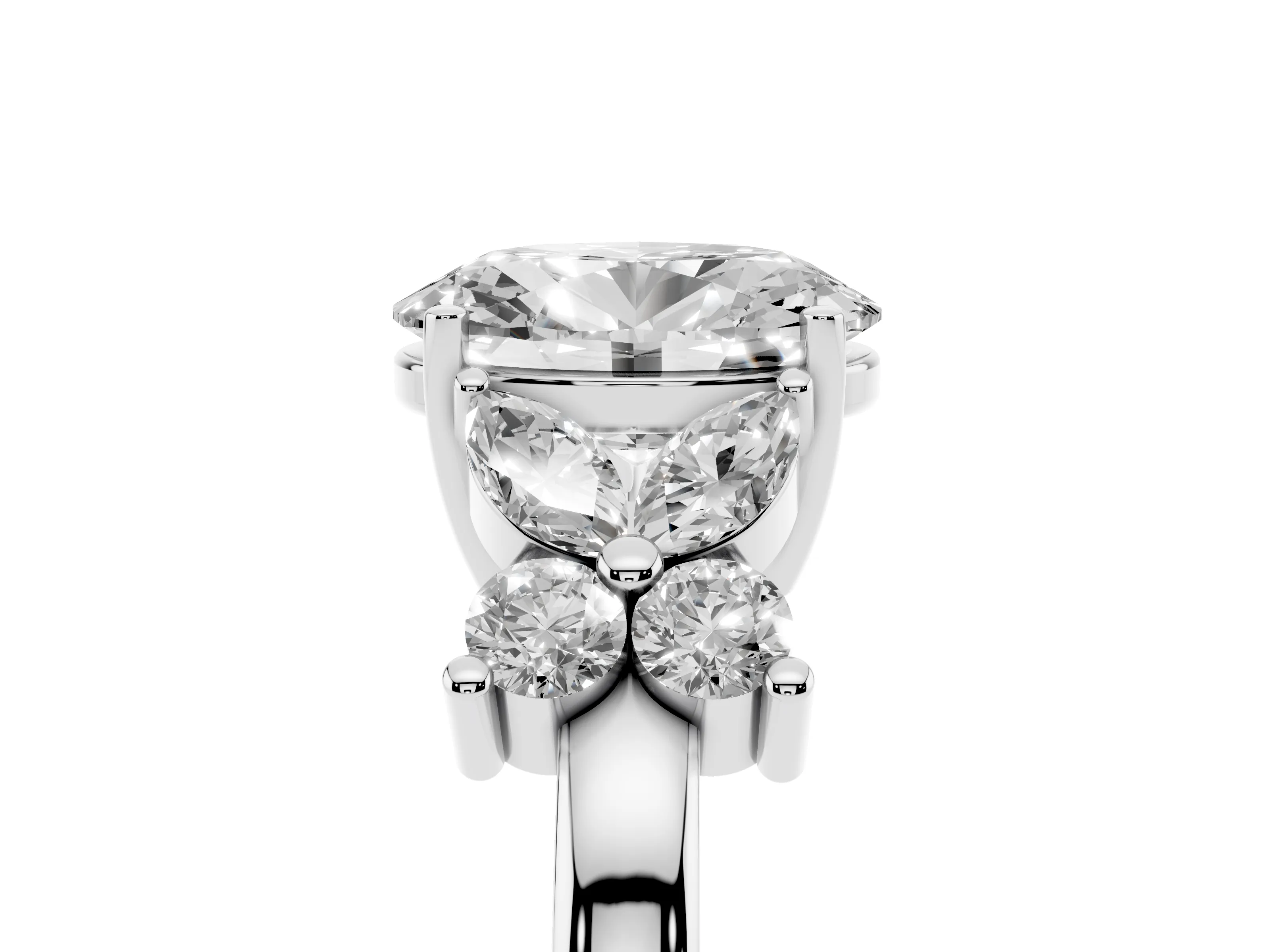 Oval Cut Diamond Floral Cluster Ring Set in Silver with Marquise Petals and Prong Setting