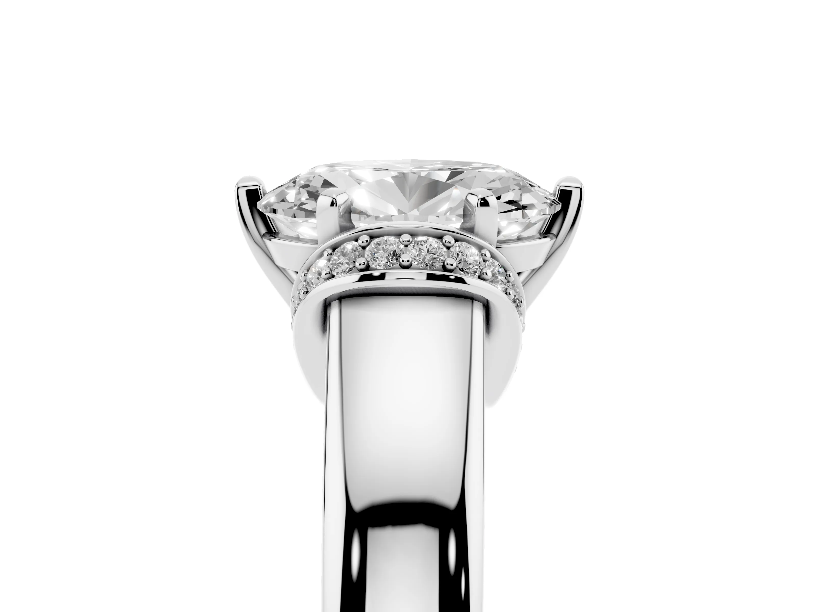 Oval Cut Diamond Pavé Band Solitaire Ring Set in Platinum with Prong Setting