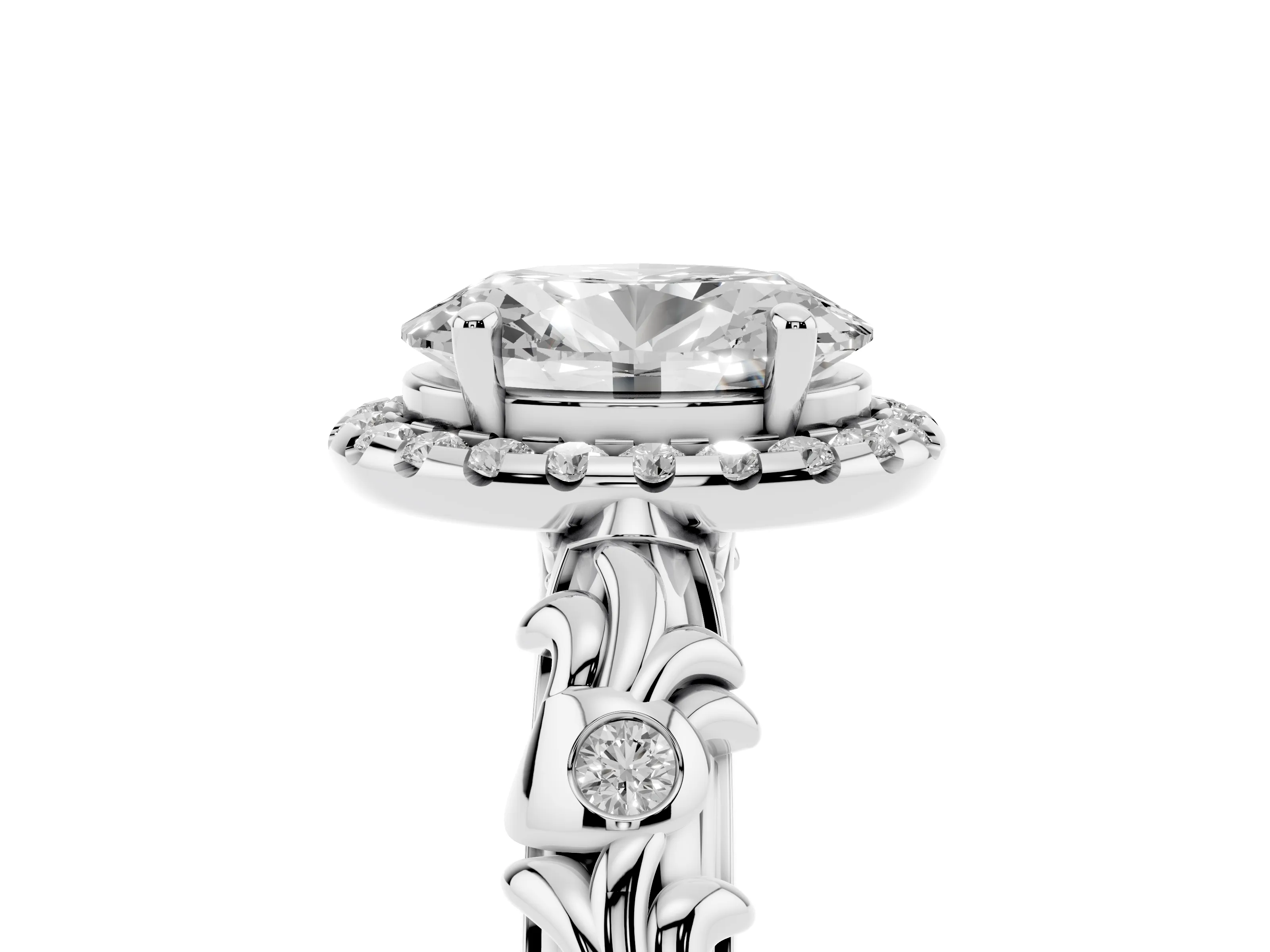 Oval Cut Diamond Halo Ring Set in White gold with Filigree Leaf Band and Prong Setting