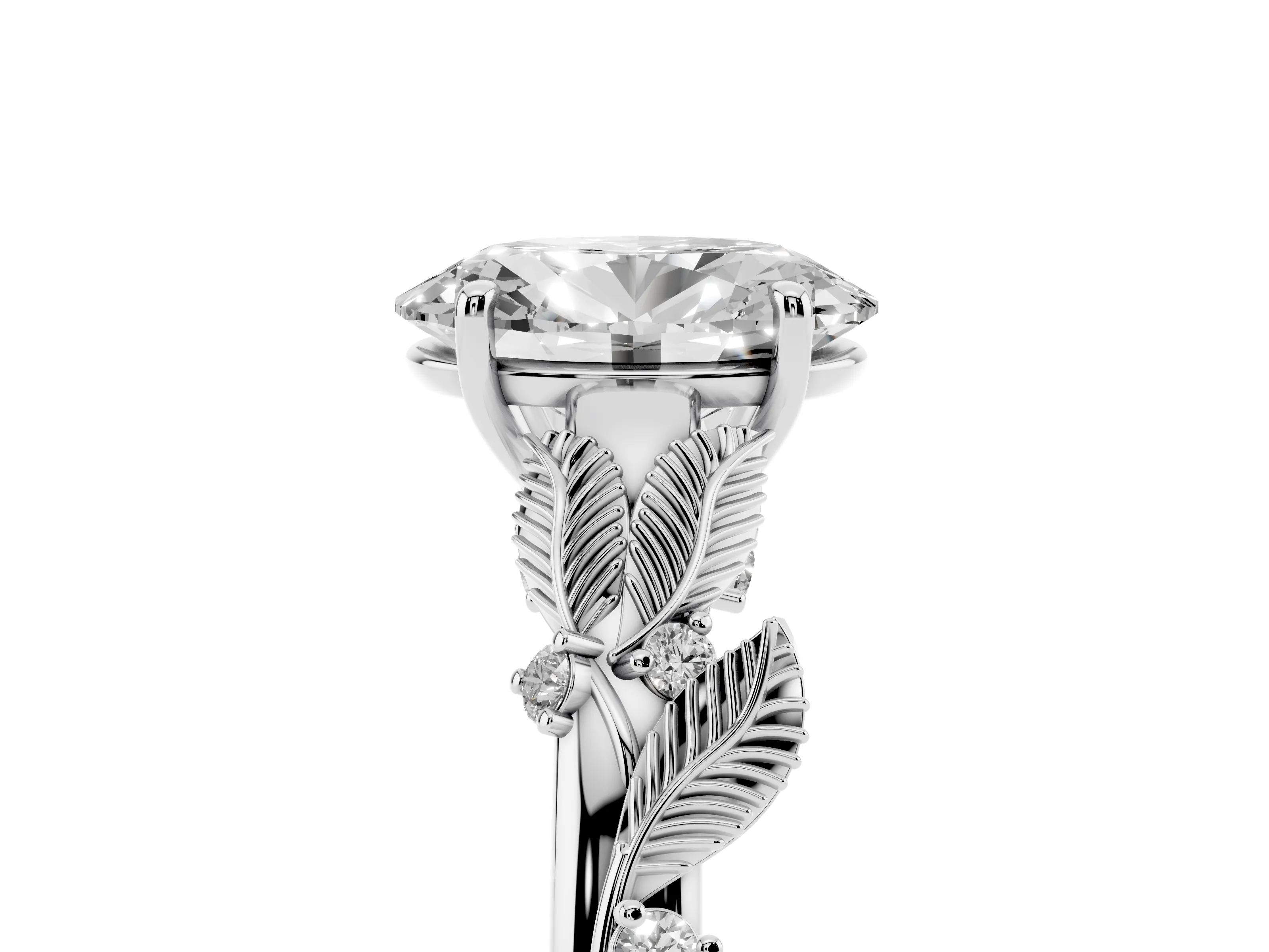 Oval Cut Diamond Solitaire Ring Set in White gold with Leaf Motif Band
