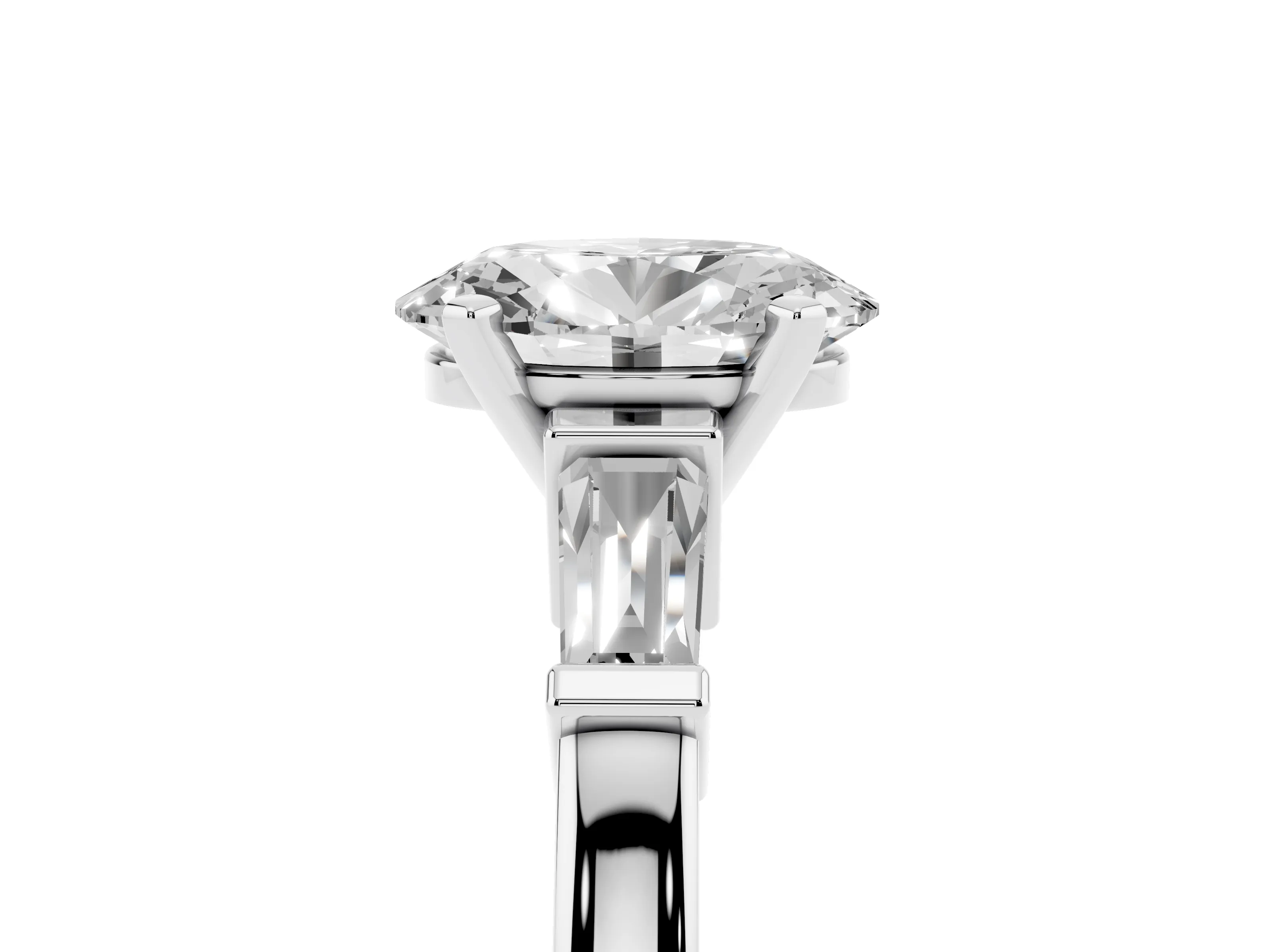 Oval Cut Diamond Solitaire Ring Set in White gold with Tapered Baguette Accents and Prong Setting