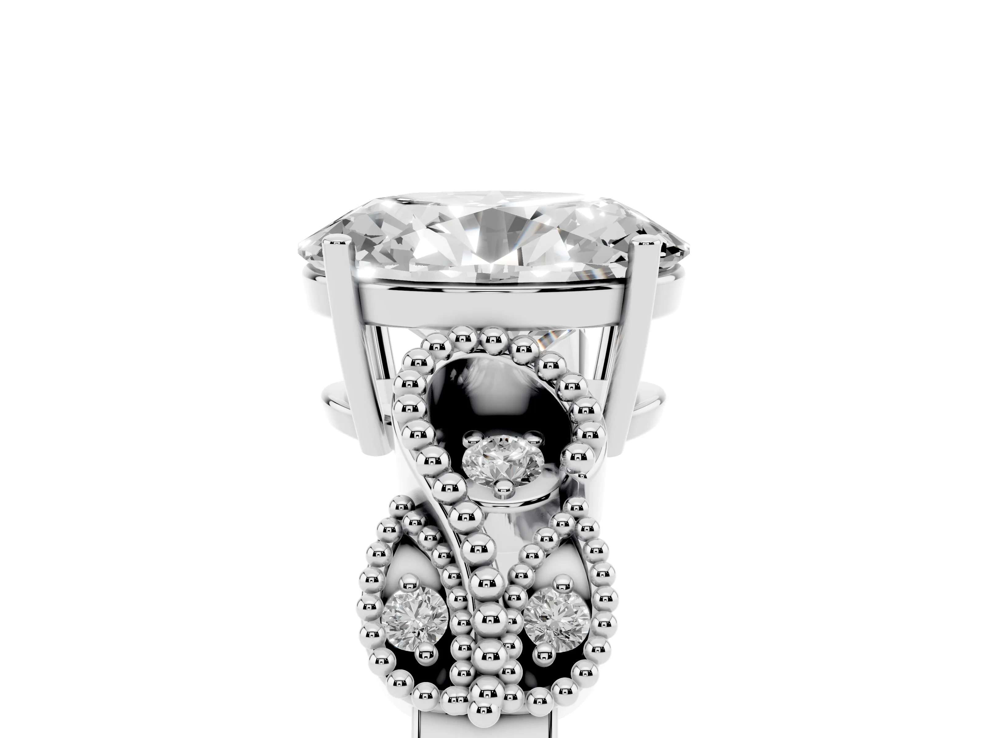 Oval Cut Diamond Milgrain Leaf Band Solitaire Ring Set in Platinum with Accent Stones and Prong Setting