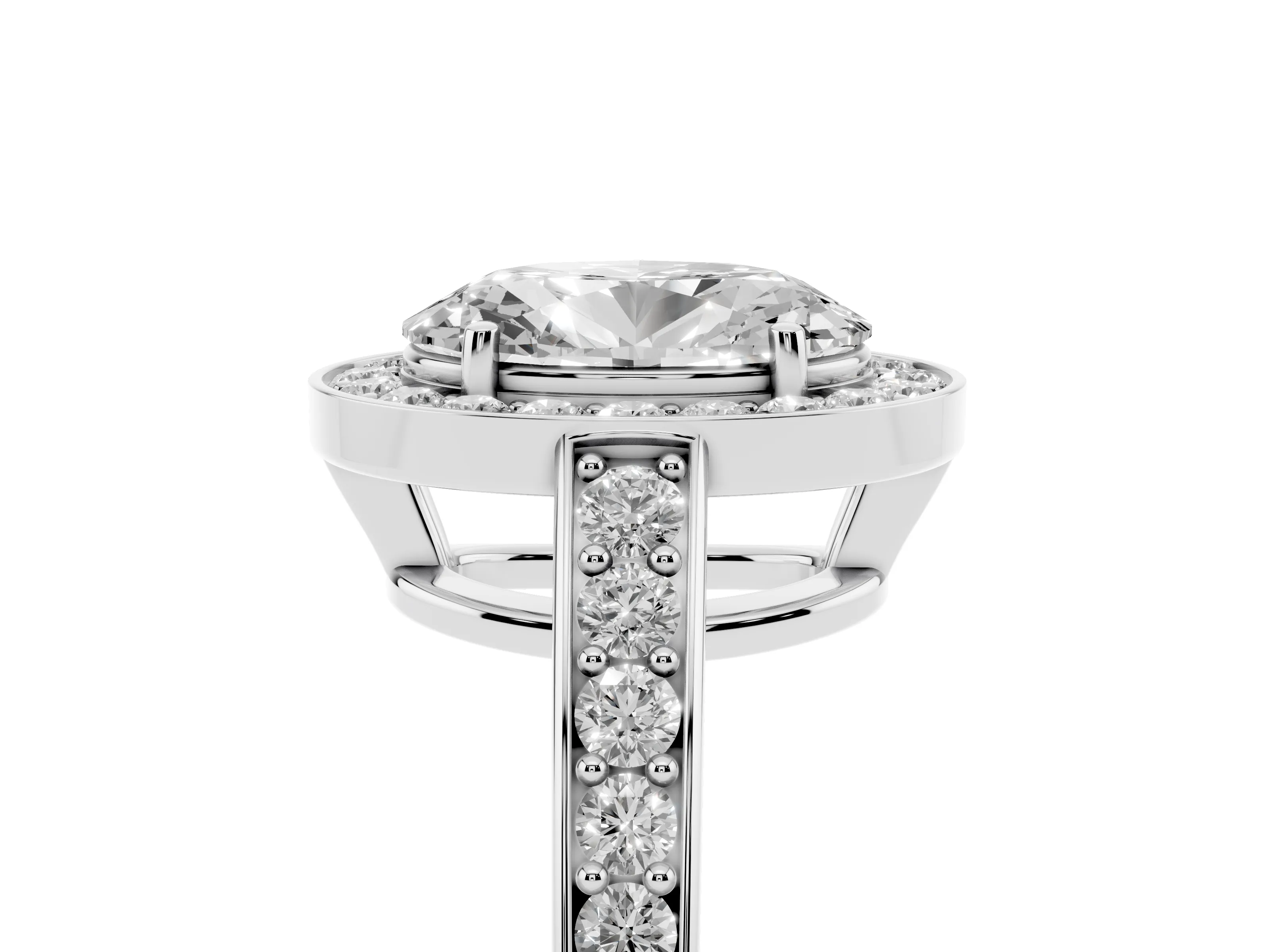 Oval Cut Diamond Halo Pavé Engagement Ring Set in White gold with Bezel Setting