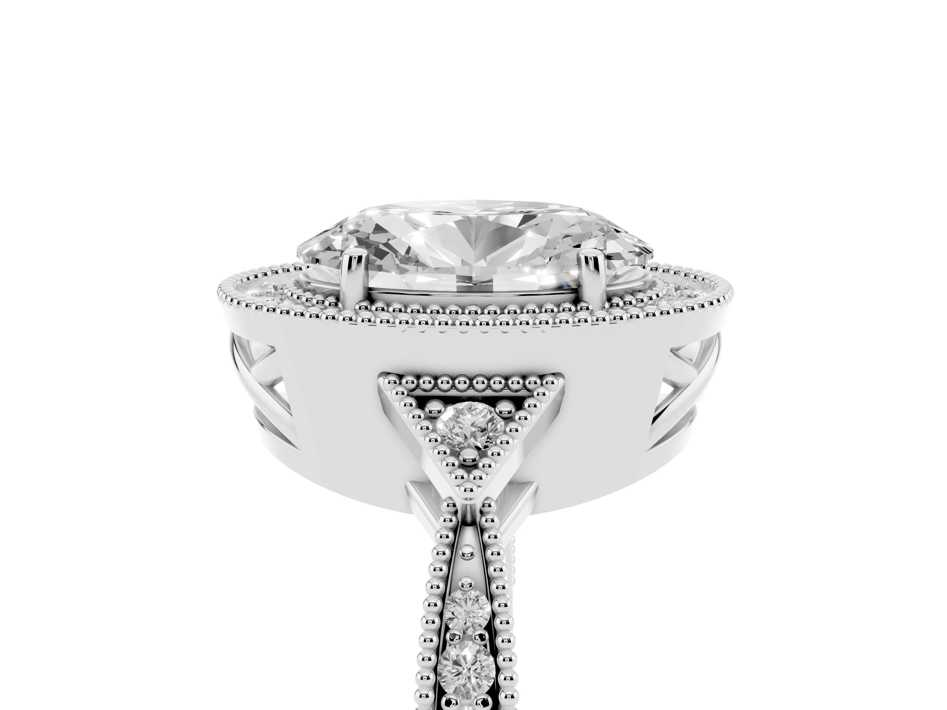 Oval Cut Diamond Halo Engagement Ring Set in Silver with Milgrain Pavé Band