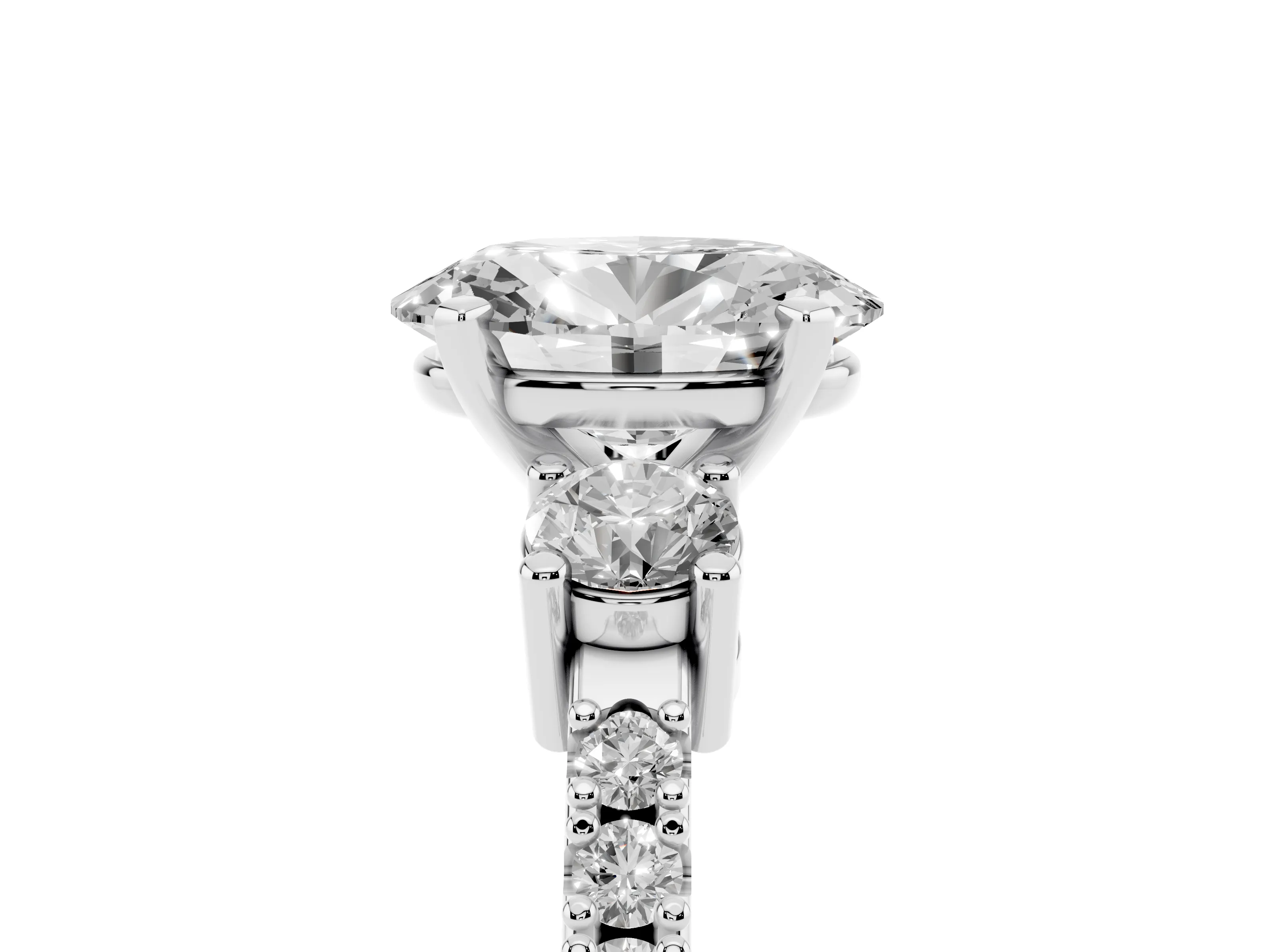 Three-Stone Oval Cut Diamond Pavé Band Ring Set in Platinum with Prong Setting