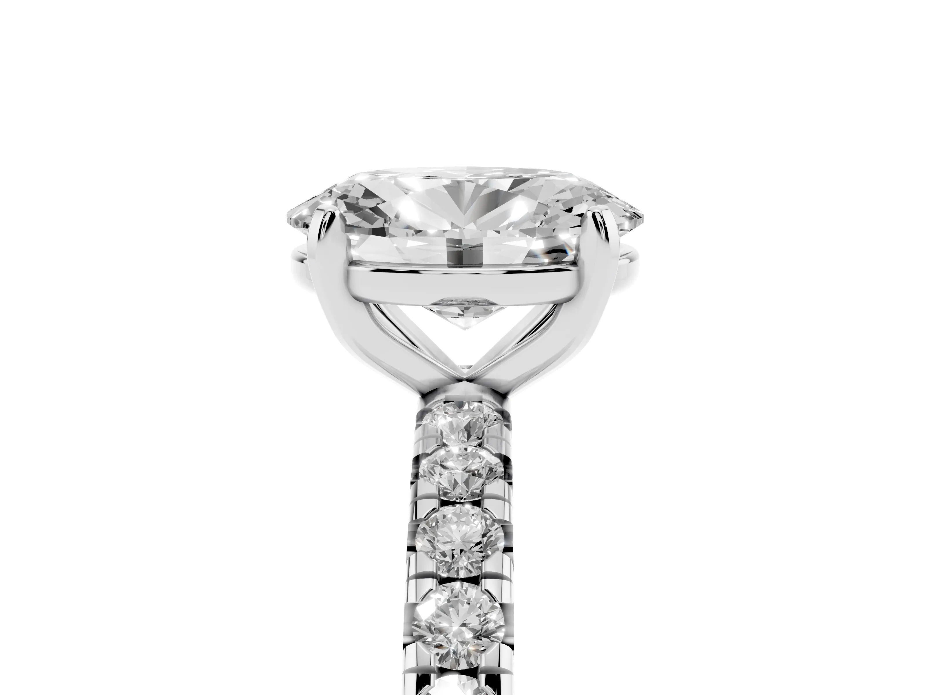 Oval Cut Diamond Pavé Solitaire Ring Set in Platinum with Round Band and Prong Setting