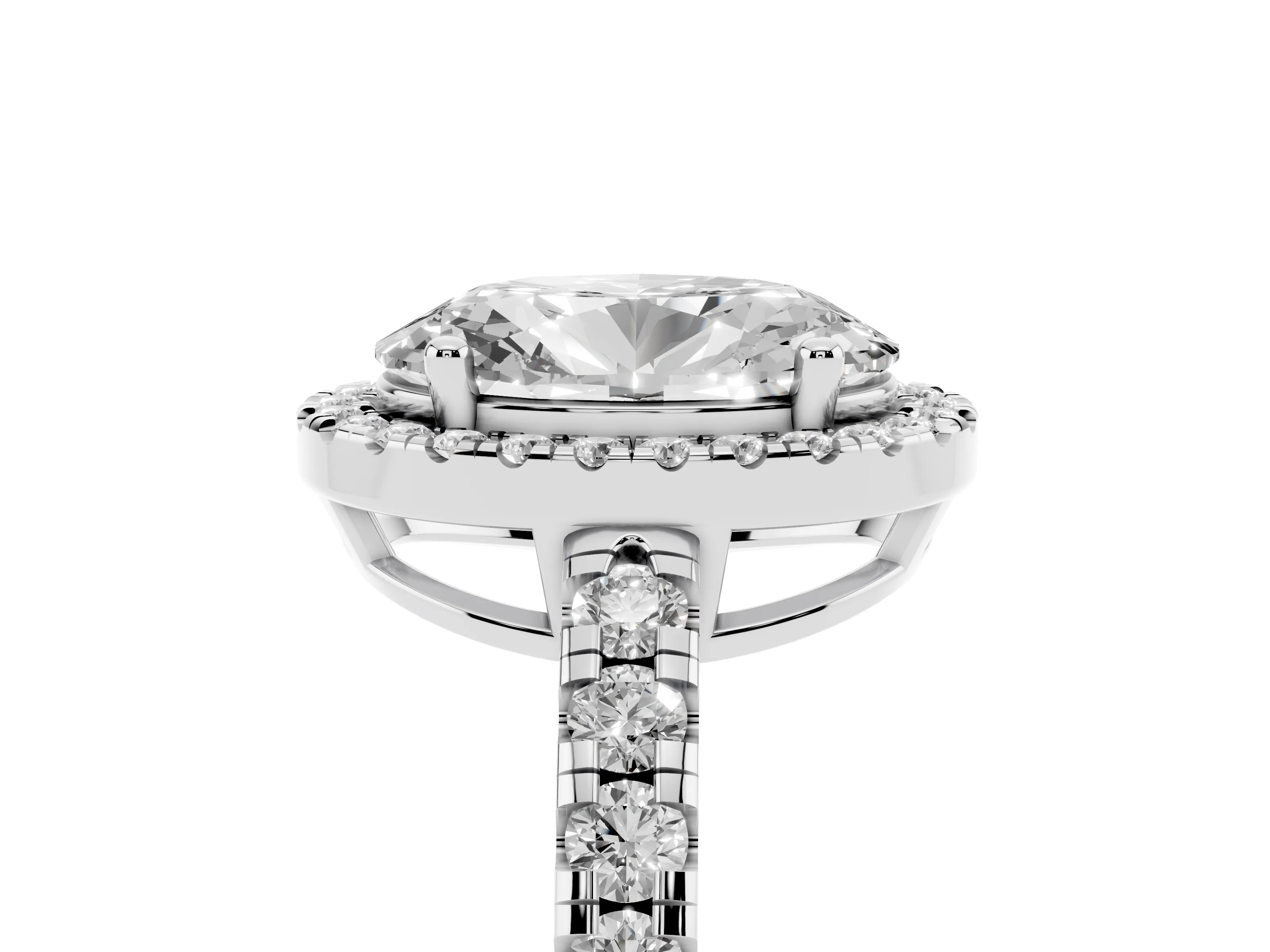 Oval Cut Diamond Halo Ring Set in White gold with Delicate Pavé Band and Prong Setting