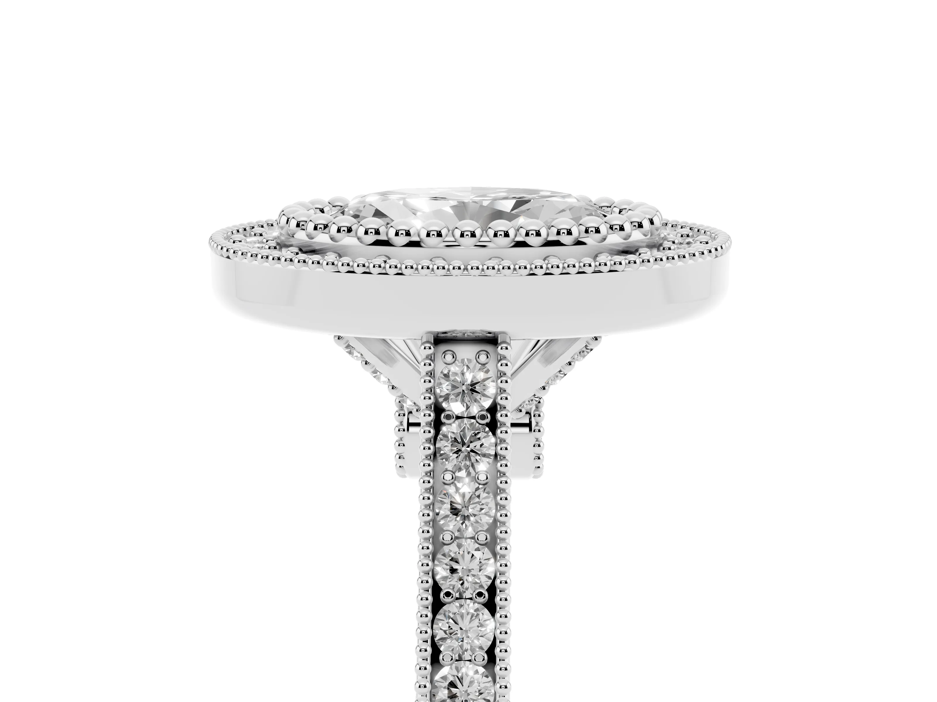 Oval Cut Diamond Halo Ring Set in Silver with Milgrain Frame and Pavé Band
