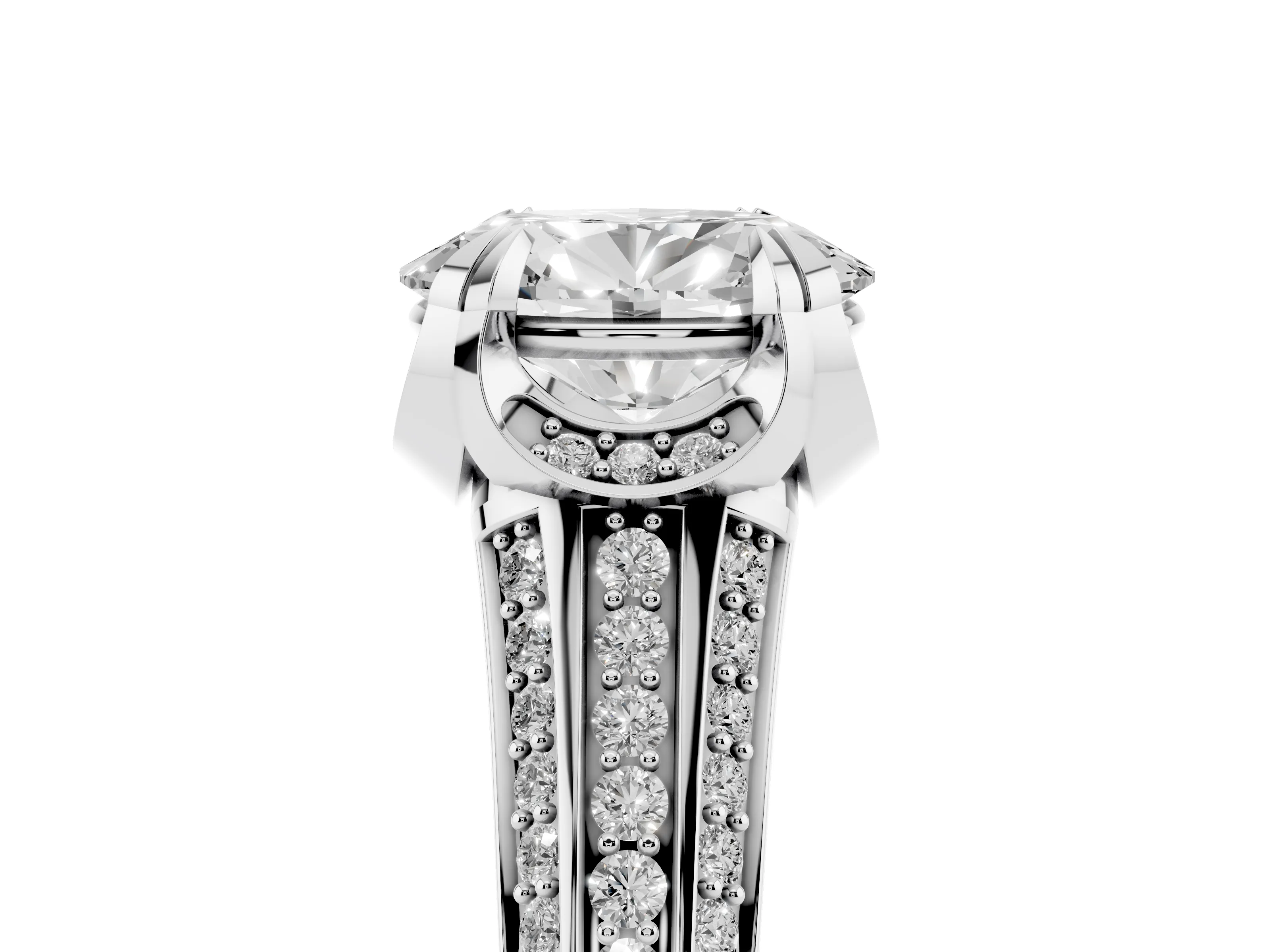 Oval Cut Diamond Pavé Split Shank Solitaire Ring Set in White gold with Prong Setting