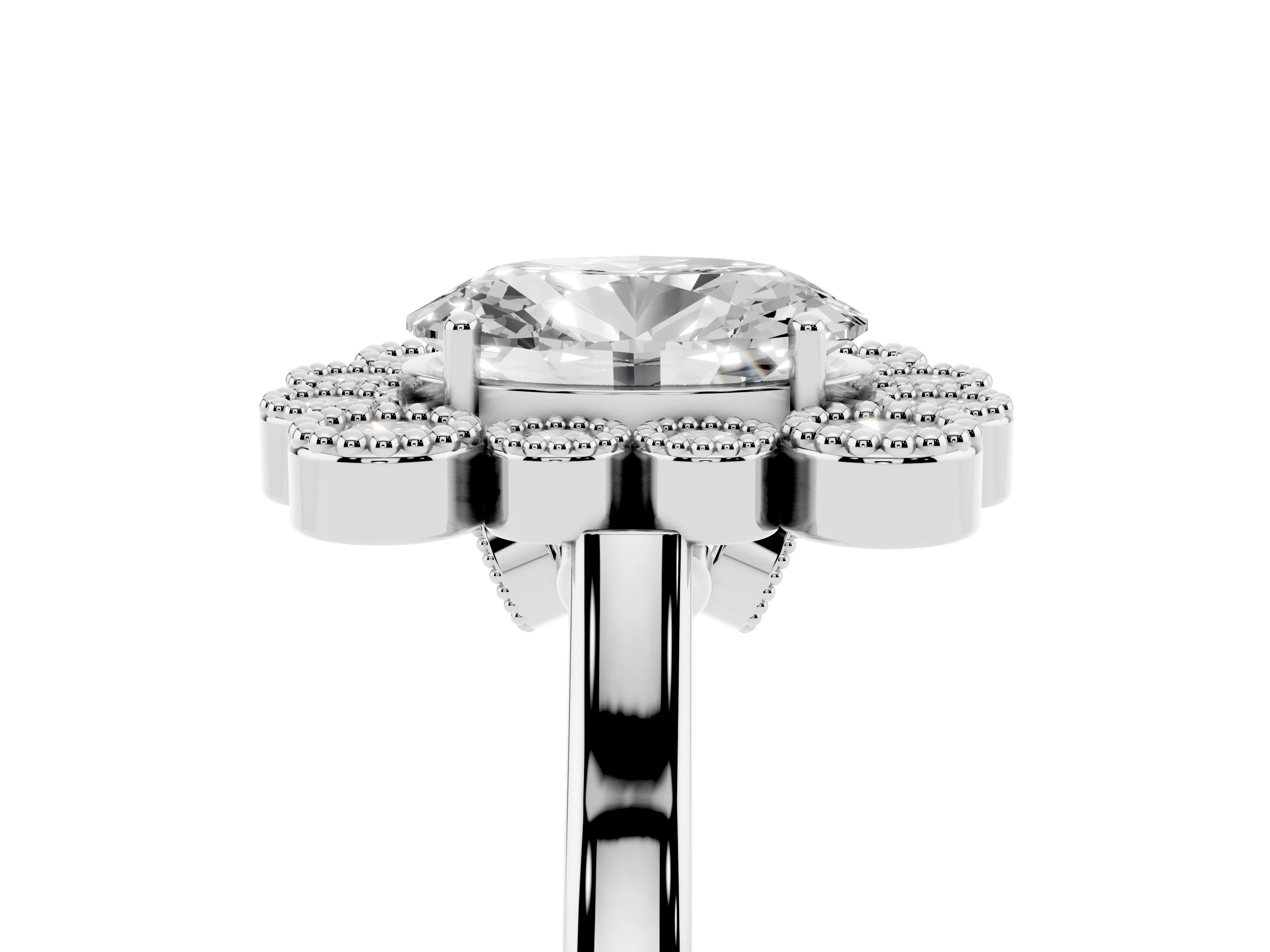 Oval Cut Diamond Cluster Halo Ring Set in White gold with Milgrain Bezel Accents and Plain Band