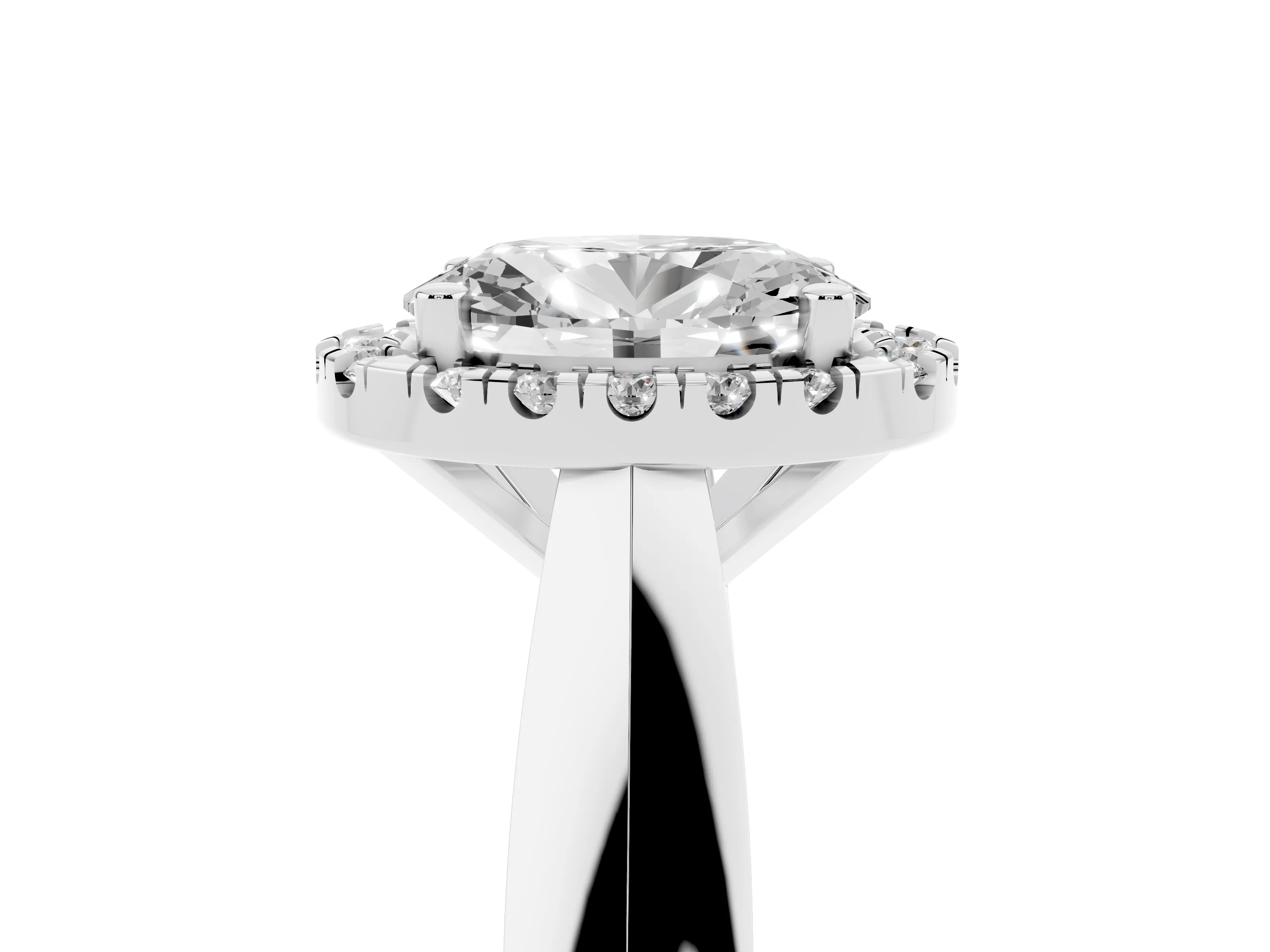 Oval Cut Diamond Halo Solitaire Engagement Ring Set in Silver with Square Band and Prong Setting