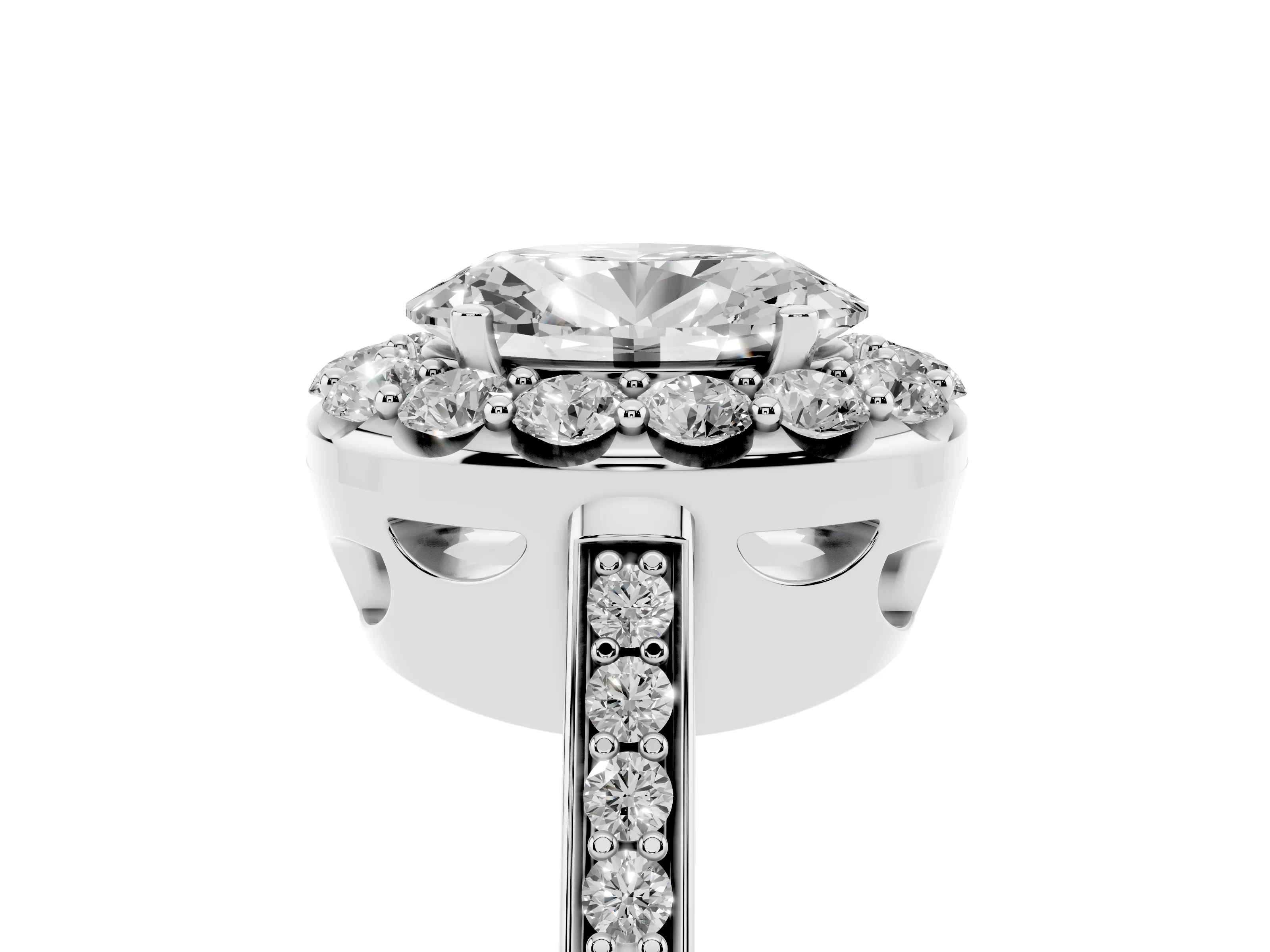 Oval Cut Diamond Floral Halo Ring Set in Platinum with Pavé Band and Prong Setting