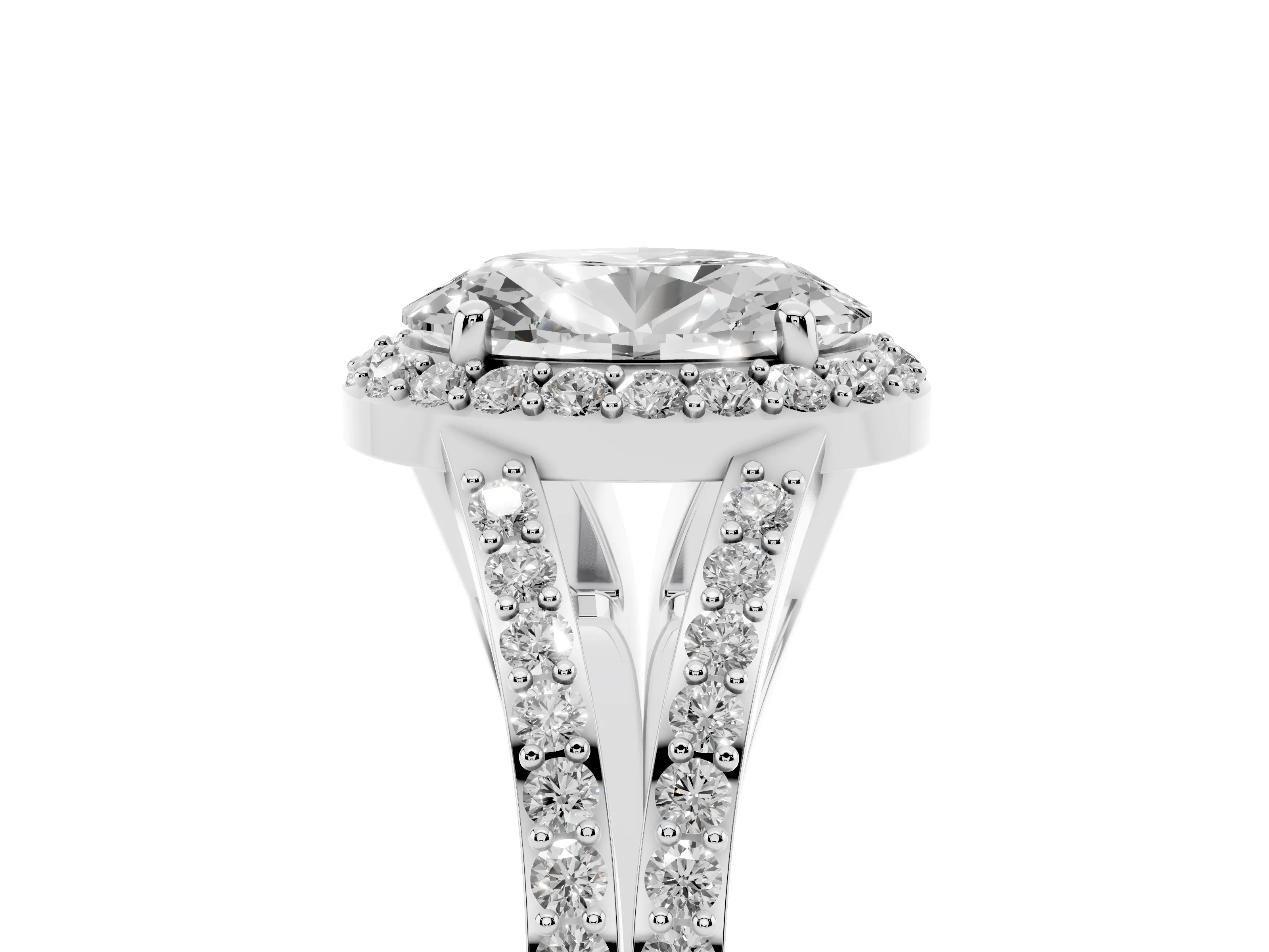 Oval Cut Diamond Halo Split Shank Ring Set in White gold with Accent Stones and Prong Setting