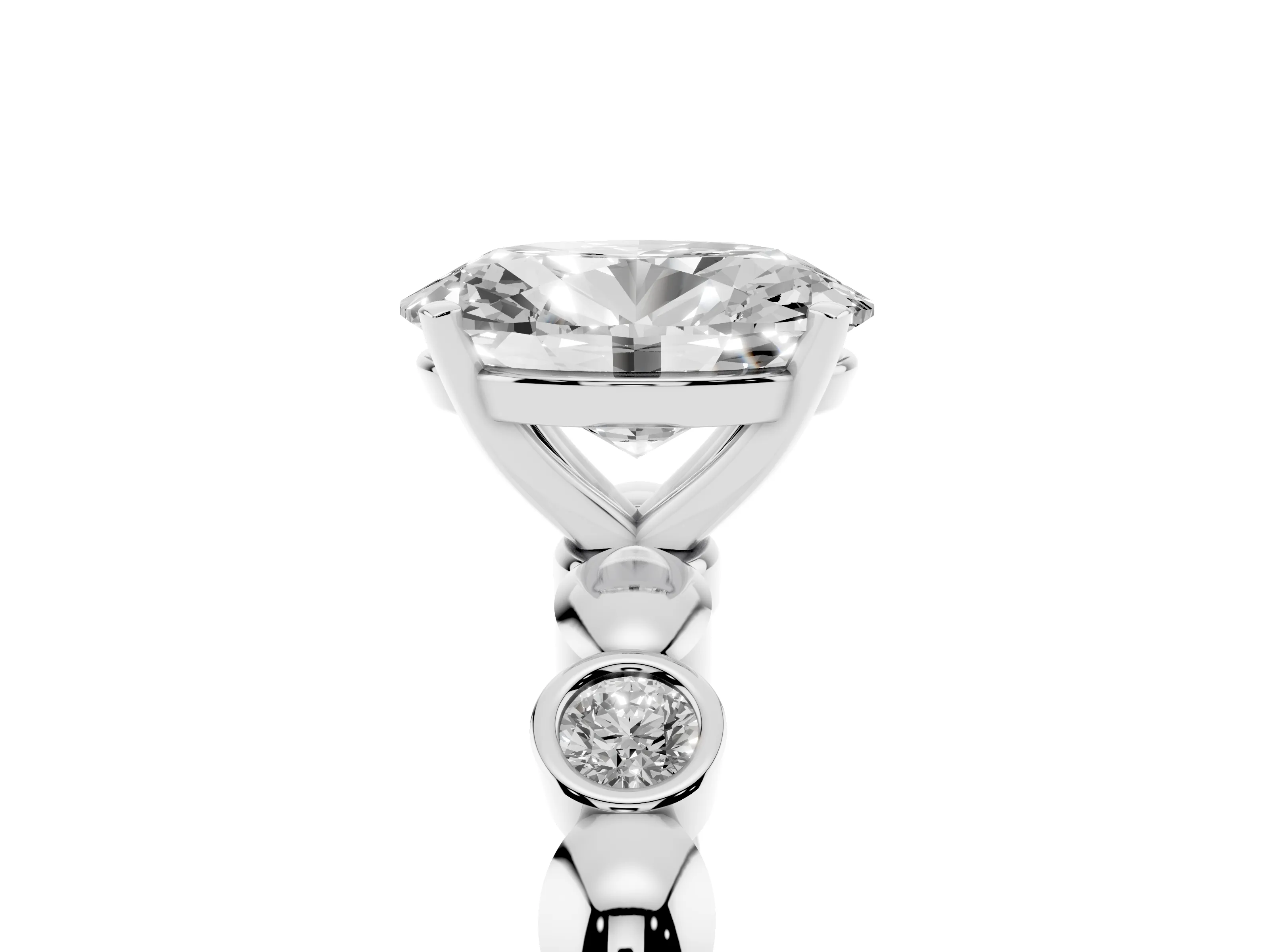 Oval Cut Diamond Solitaire Ring Set in White gold with Bezel-Set Accents on Beaded Band and Prong Setting