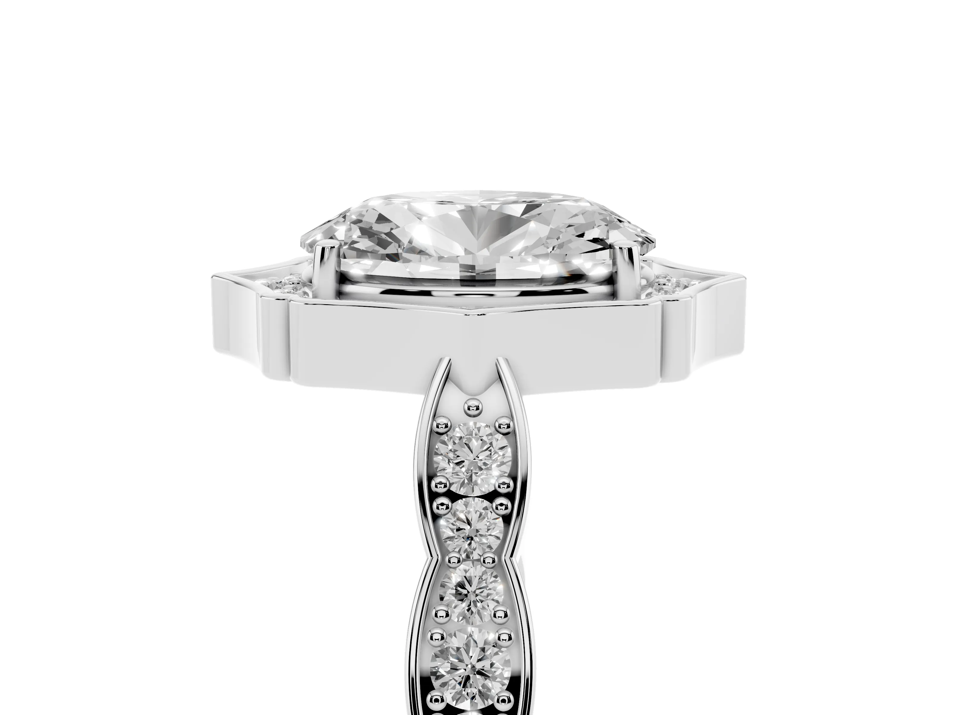 Oval Cut Diamond Halo Engagement Ring Set in White gold with Milgrain Band and Prong Setting