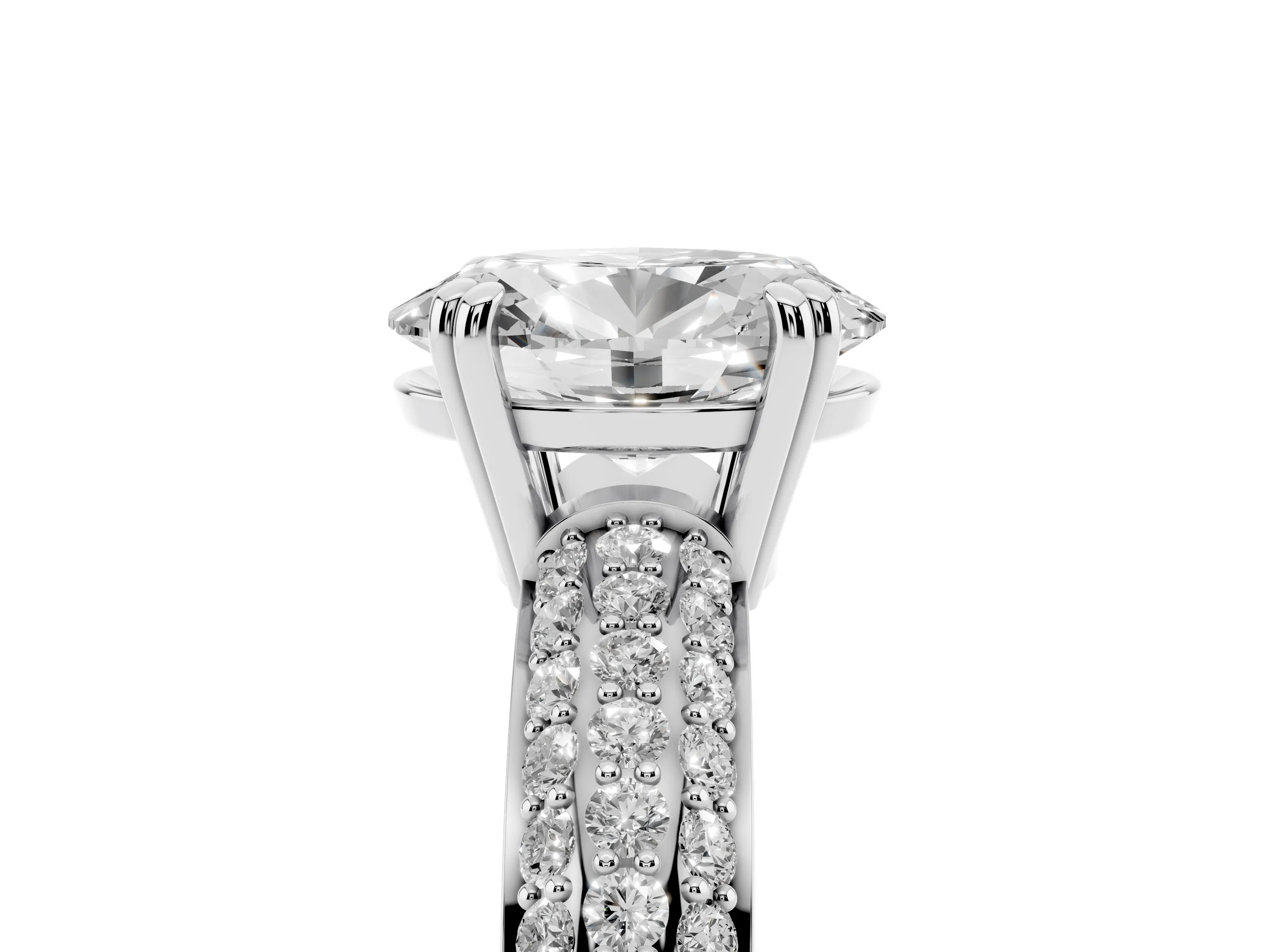 Oval Cut Diamond Solitaire Ring Set in White gold with Multi-Row Round Pavé Band and Prong Setting