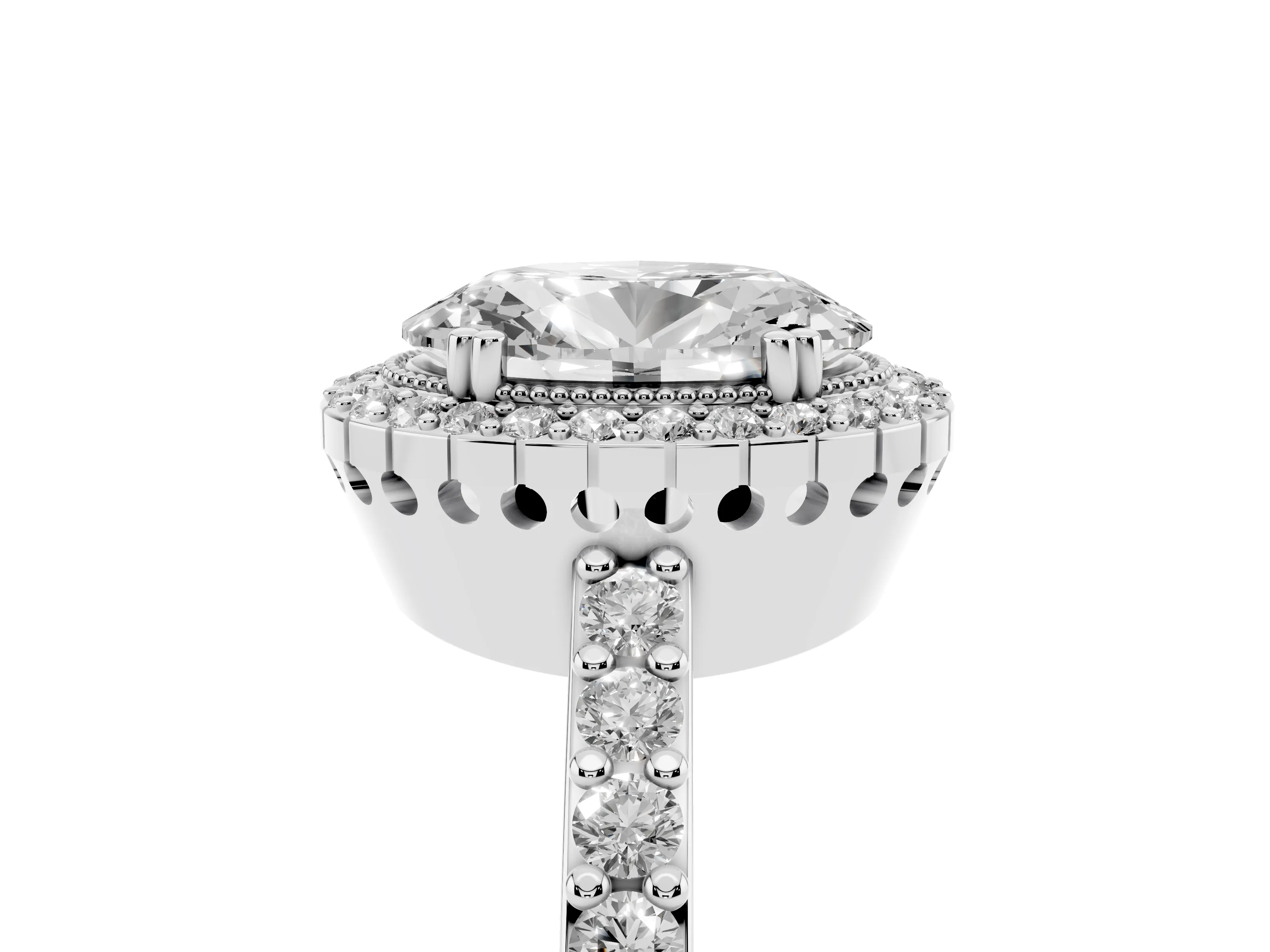 Oval Cut Diamond Halo Engagement Ring Set in Platinum with Milgrain Detail and Pavé Band