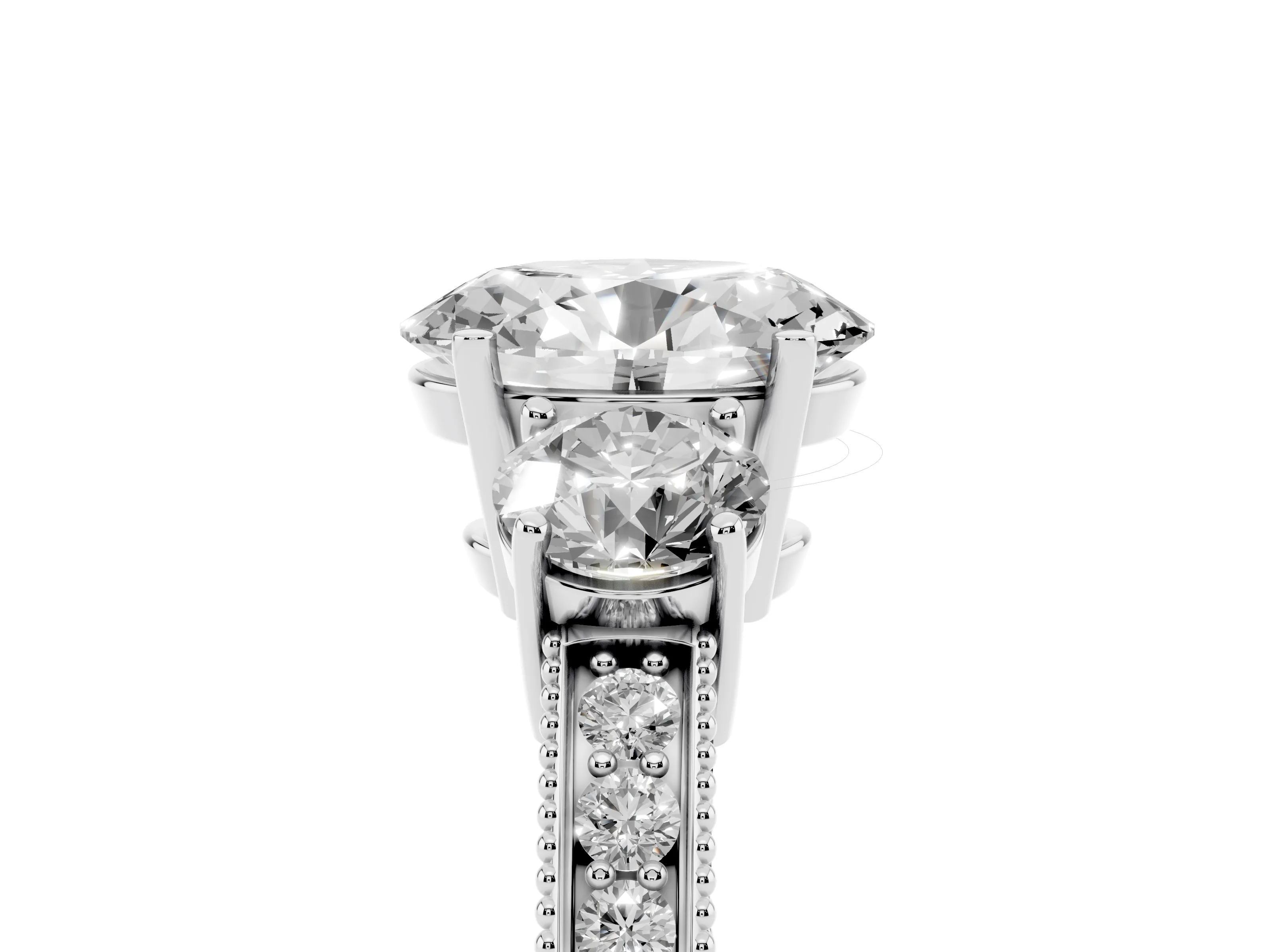 Oval Cut Diamond Three-Stone Ring Set in Silver with Round Side Stones and Pavé Band
