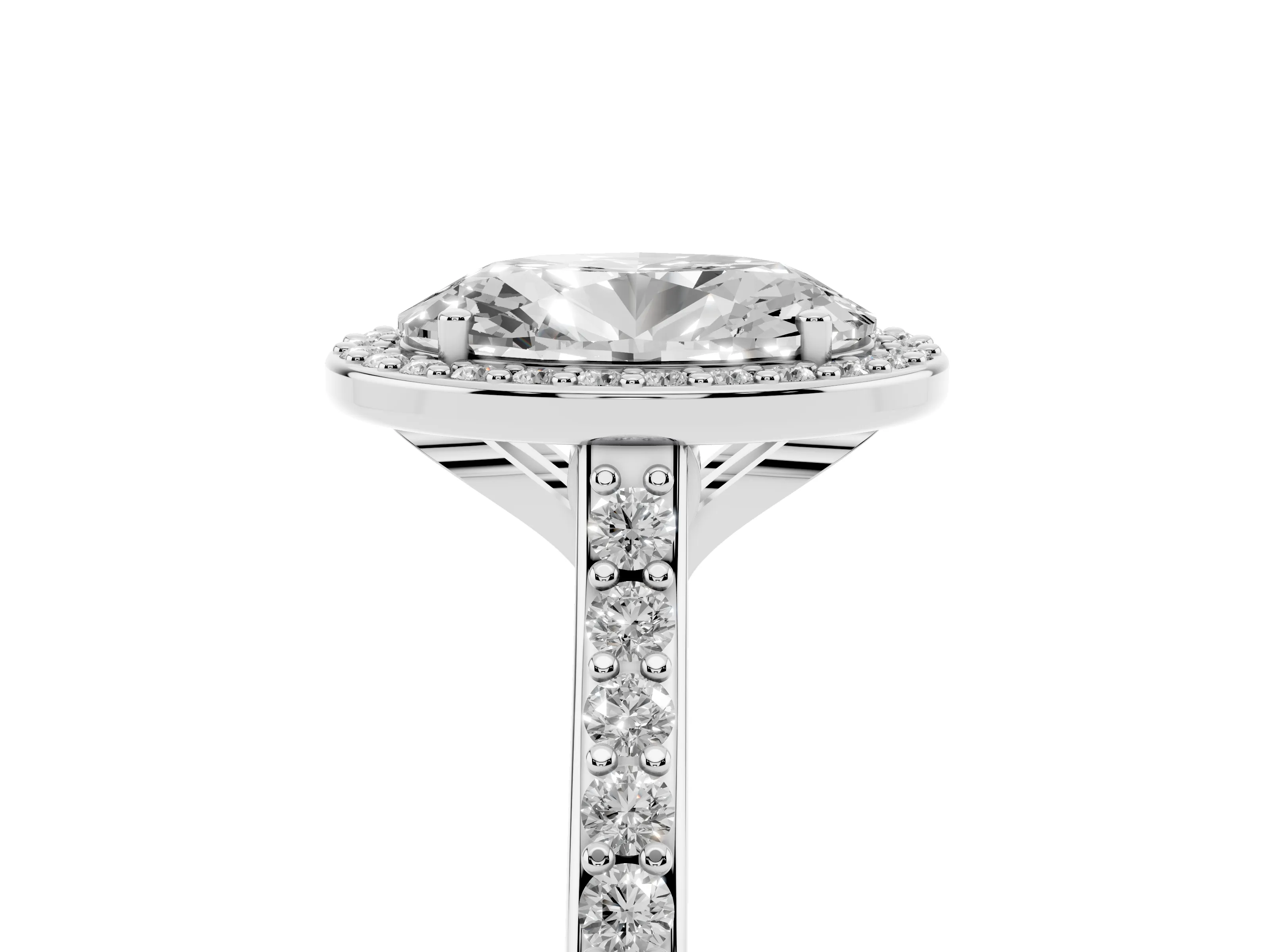 Oval Cut Diamond Halo Engagement Ring Set in Platinum with Round Pavé Shoulders and Heart Gallery