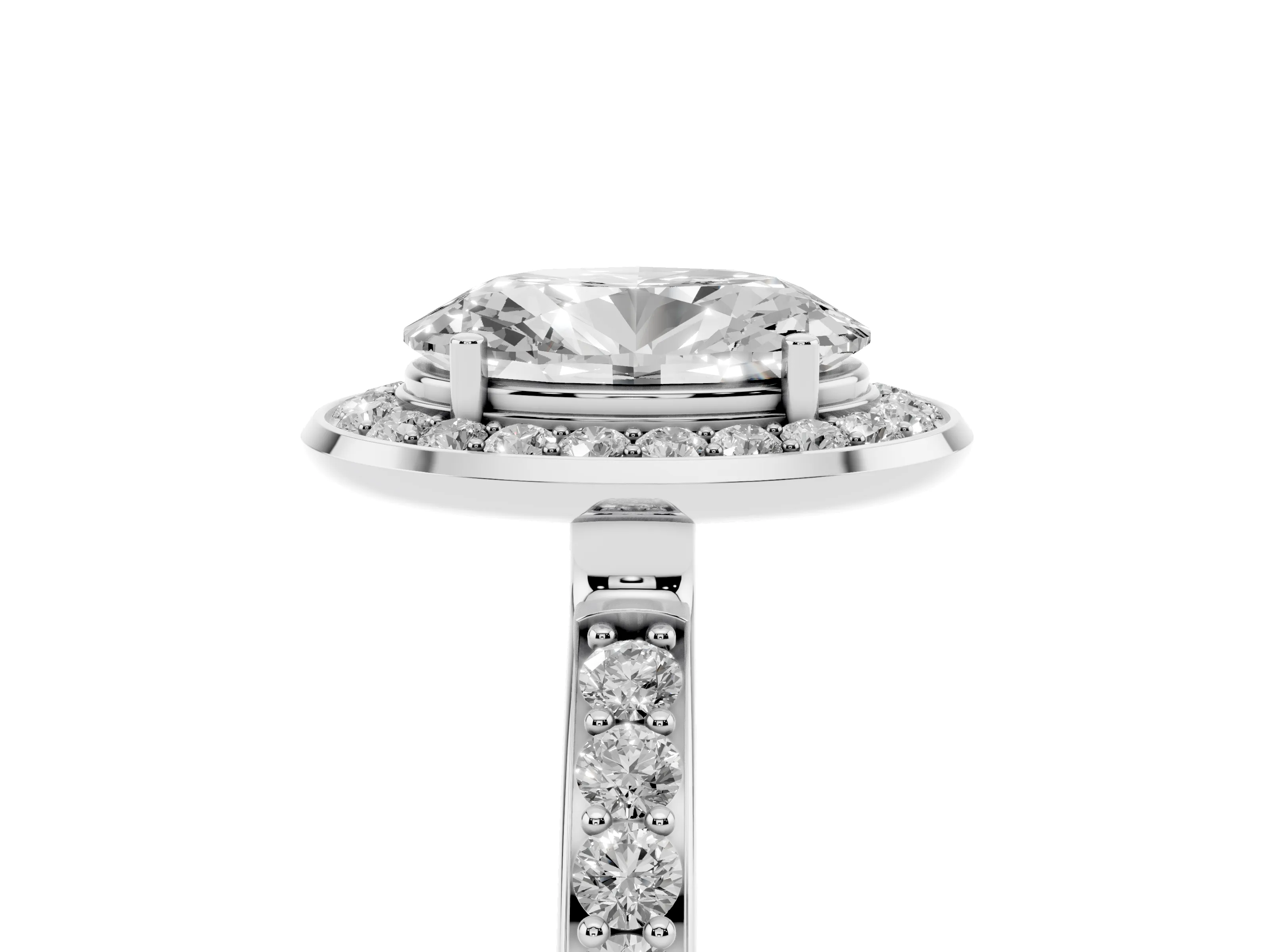 Oval Cut Diamond Halo Ring Set in Platinum with Bezel Frame and Pavé Band