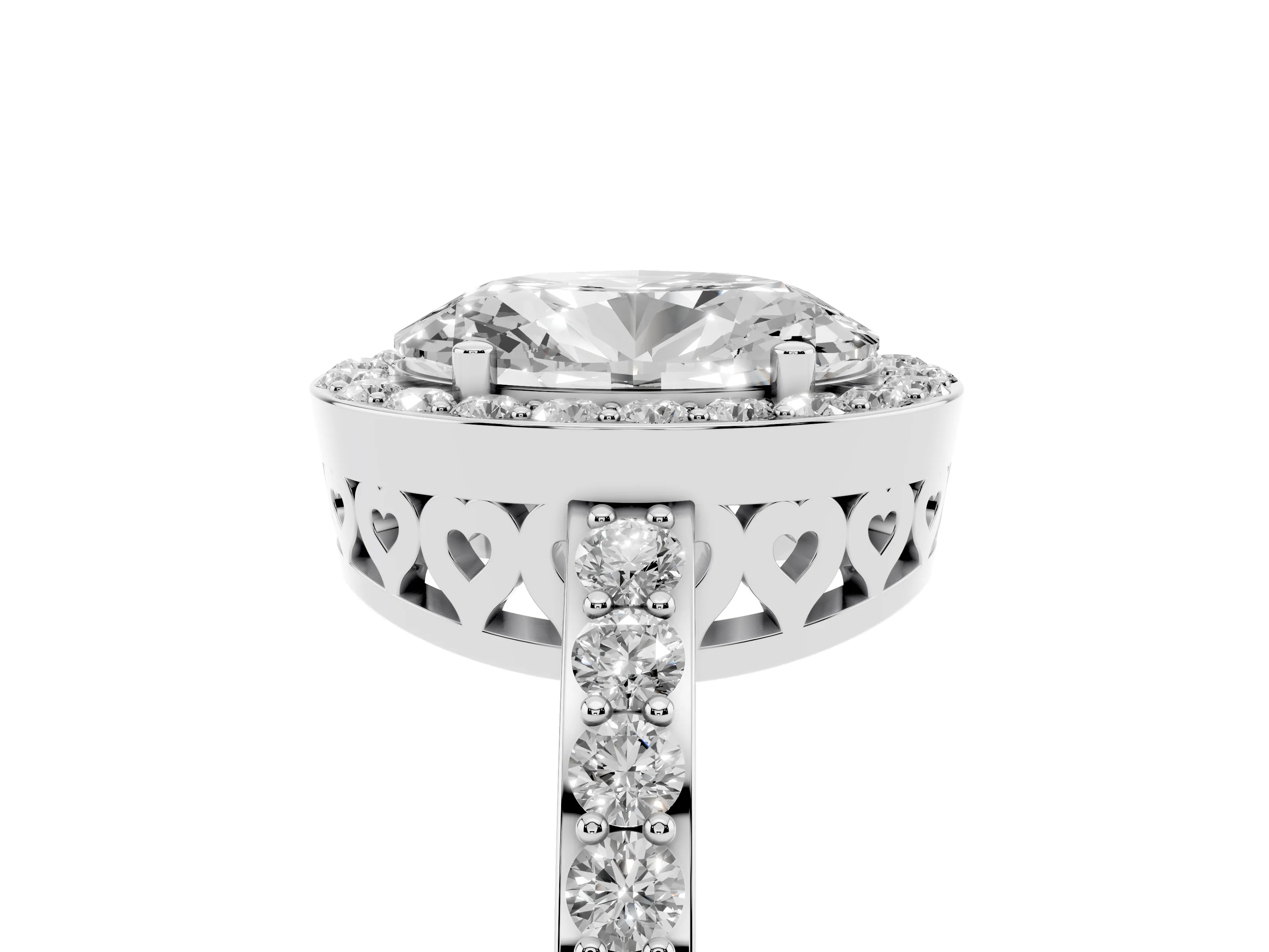 Oval Cut Diamond Halo Ring Set in White gold with Pavé-Setting Band and Open Prong Center