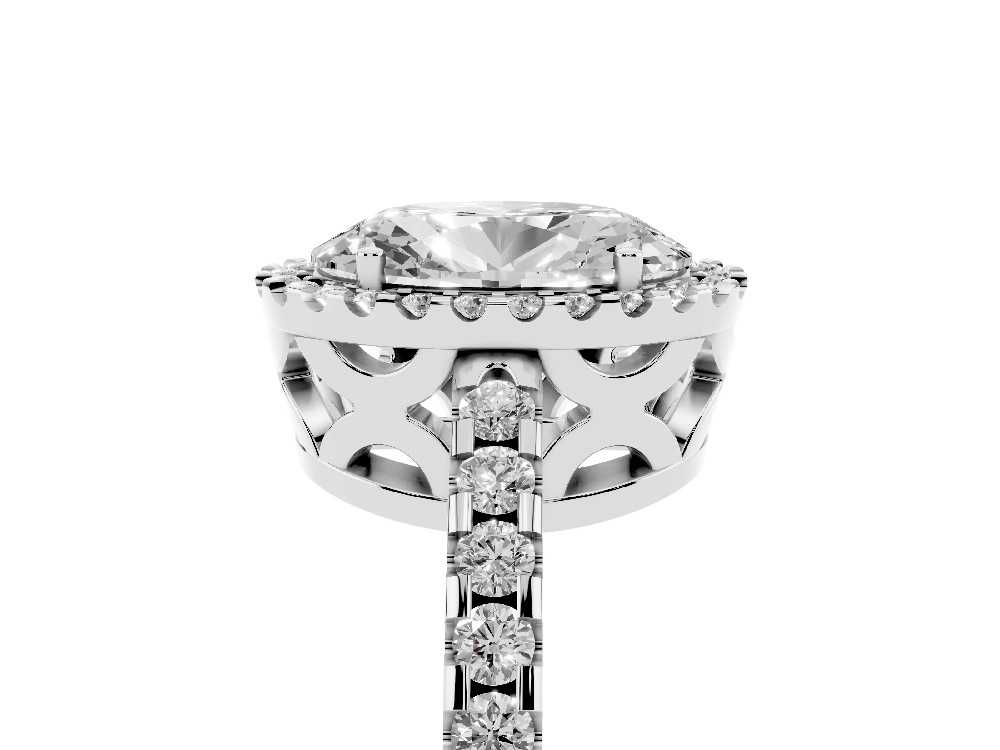 Oval Cut Diamond Halo Ring Set in Platinum with Pavé Shoulders and Halo-Framed Center