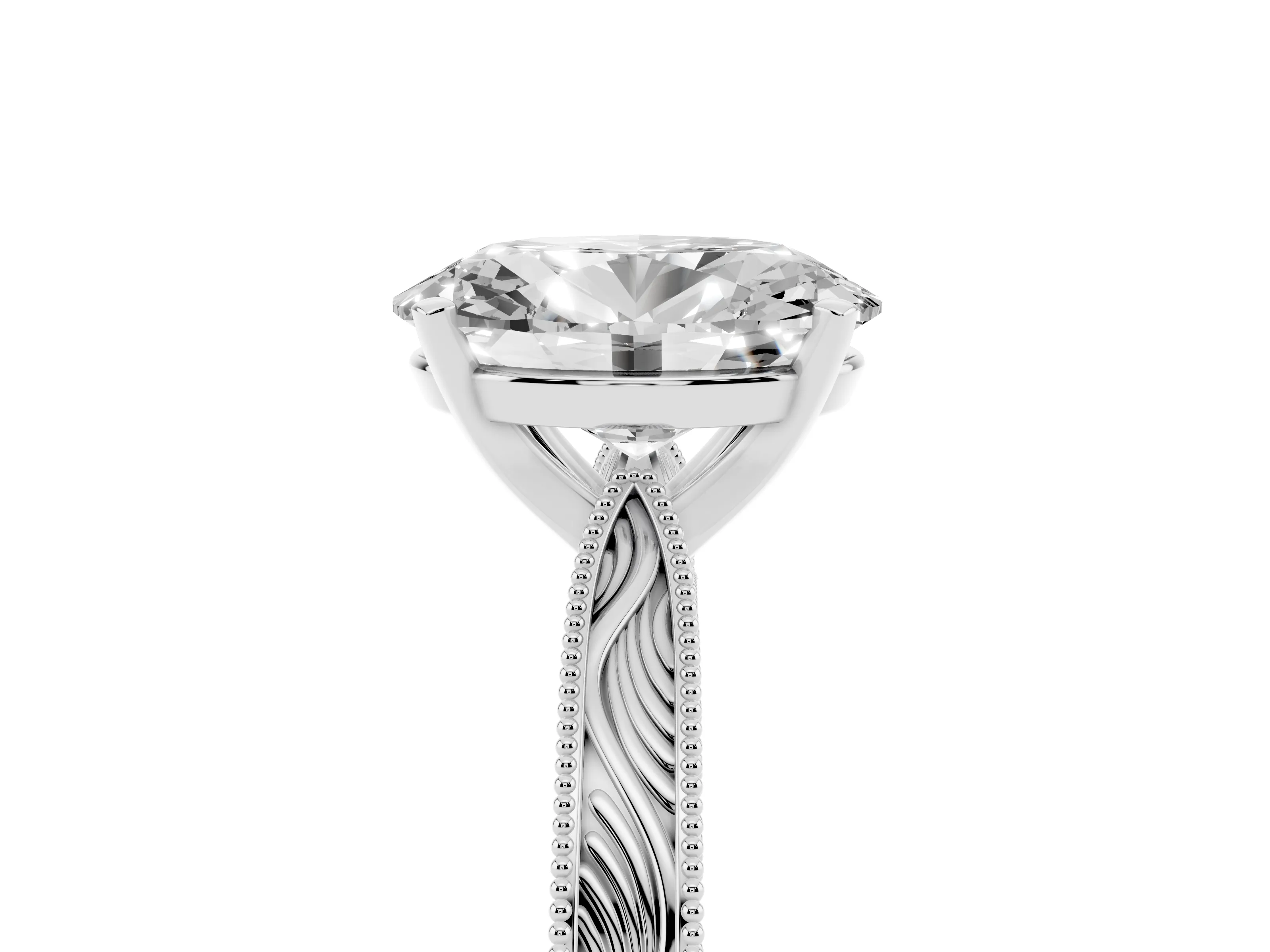 Oval Cut Diamond Solitaire Milgrain Engraved Band Set in Platinum with Prong Setting