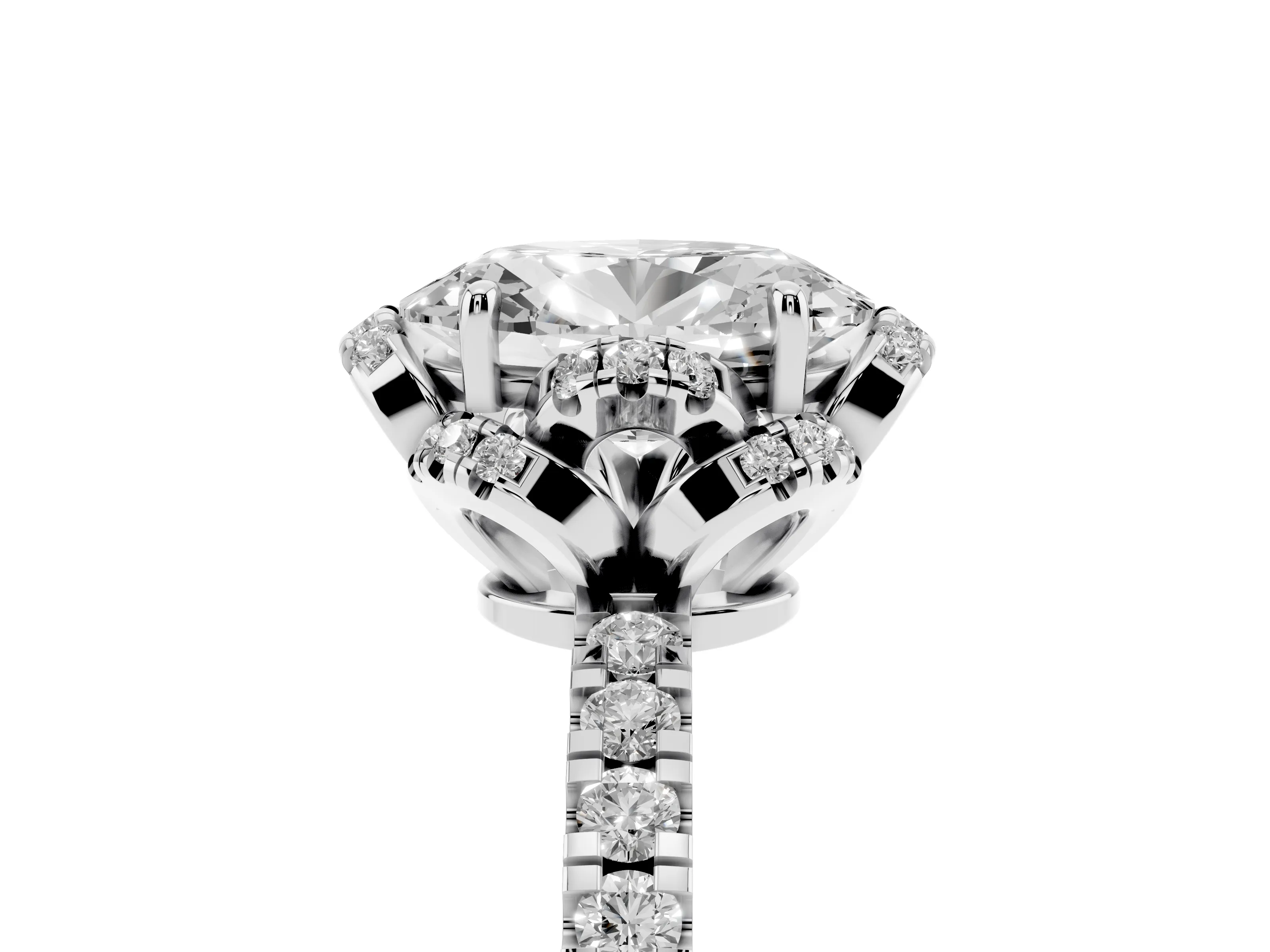 Oval Cut Diamond Halo Pavé Band Ring Set in Platinum with Prong-Held Center
