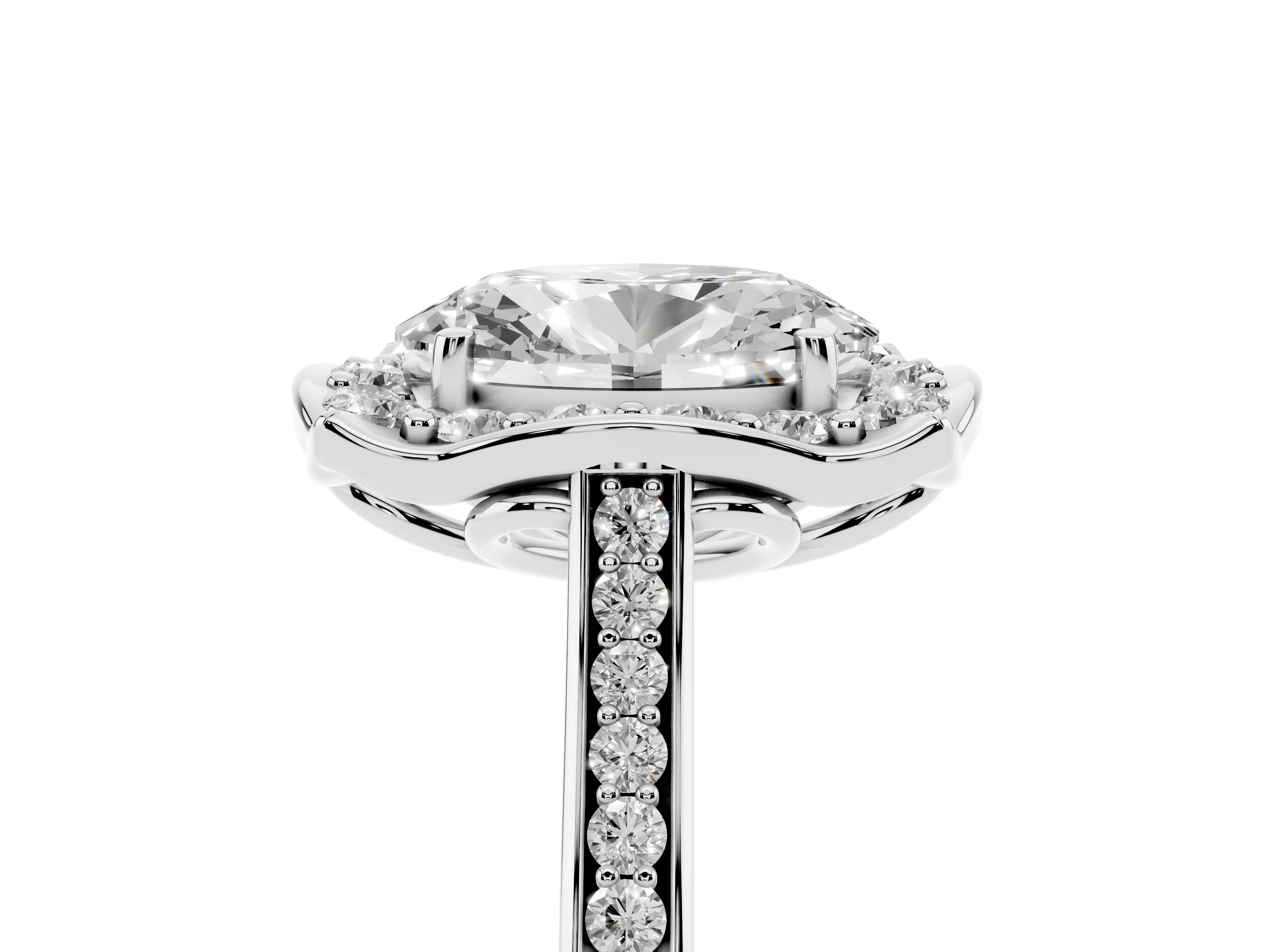 Oval Cut Diamond Halo Ring Set in Platinum with Pavé-Lined Shoulders and Prong Setting