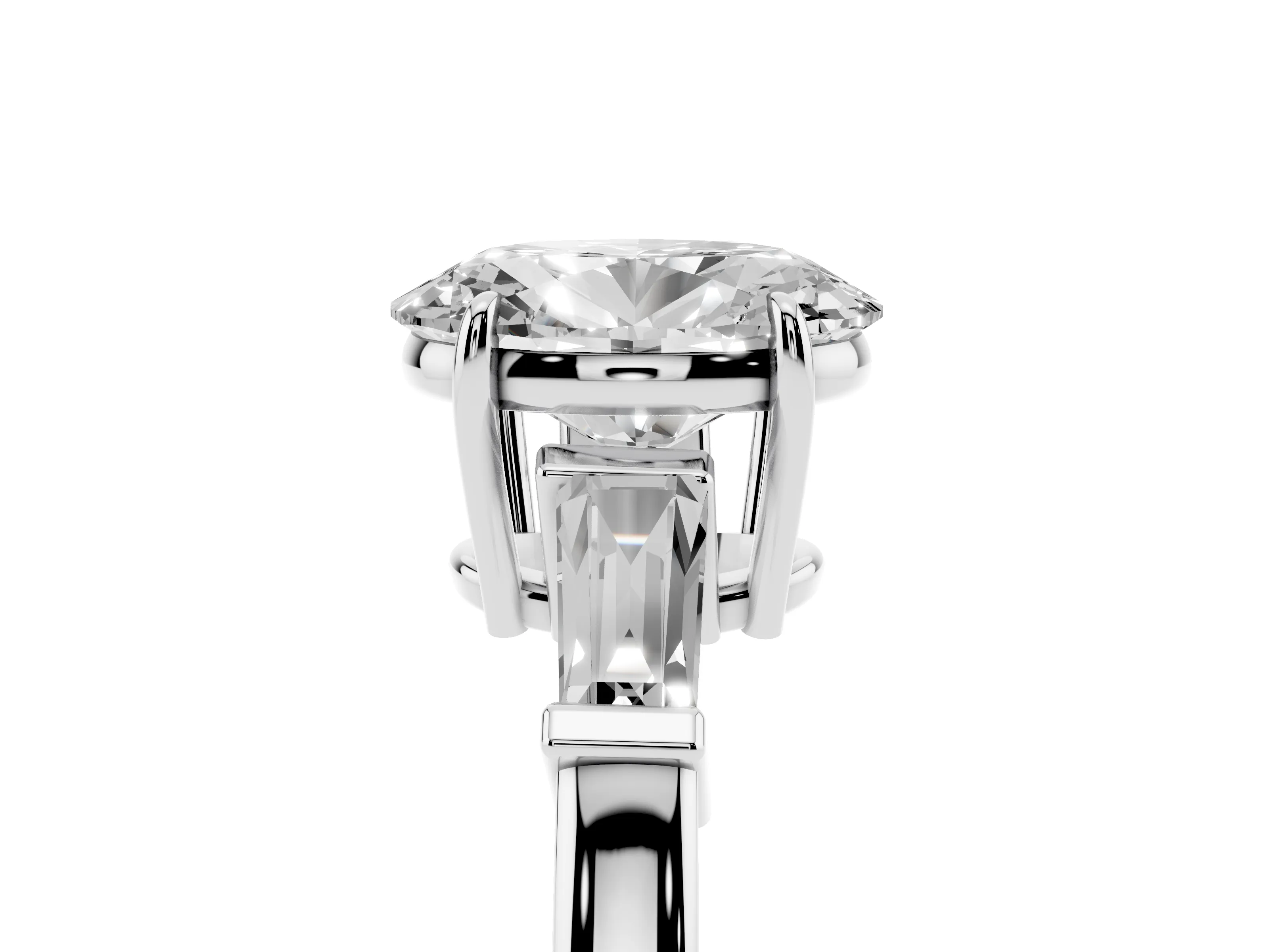 Oval Cut Diamond Three-Stone Ring Set in Platinum with Tapered Baguette Side Stones and Prong Setting