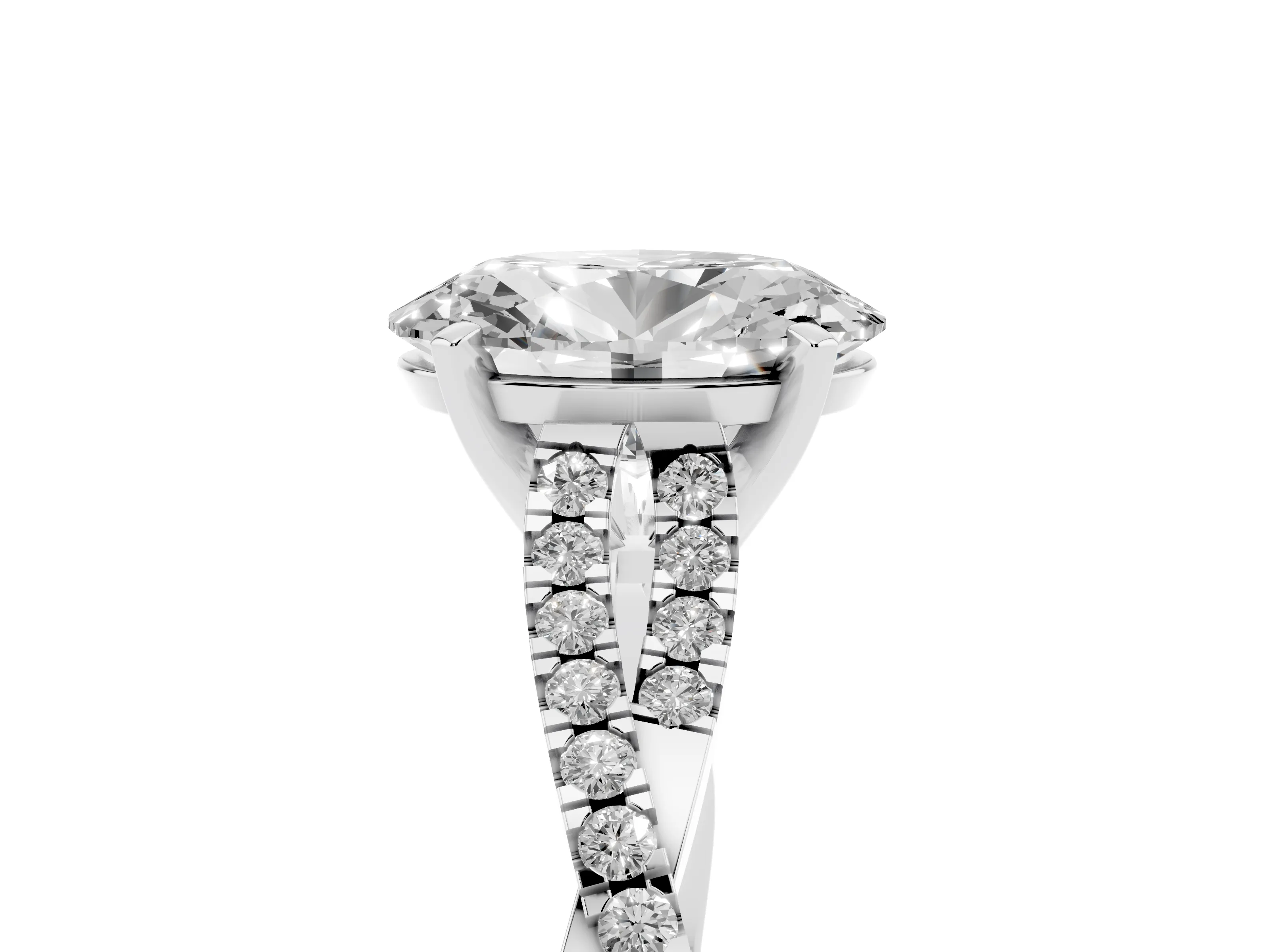 Oval Cut Diamond Solitaire Engagement Ring Set in White gold with Twisted Pavé Band and Prong Setting